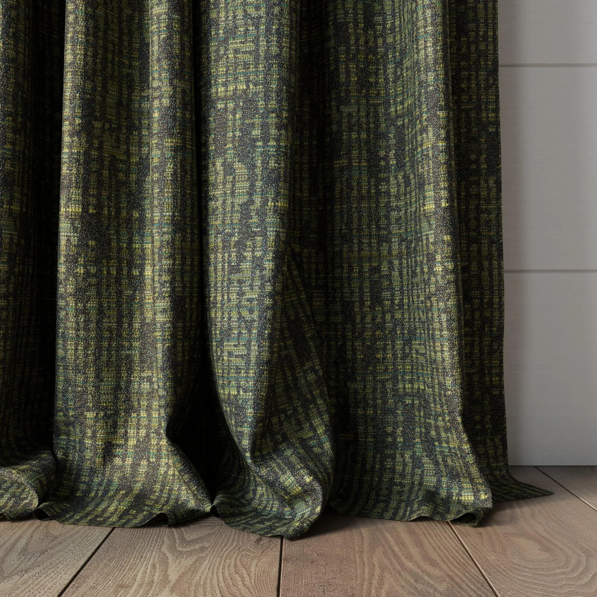 Bottom view of Unicode Pesto, puddled, on curtain rod