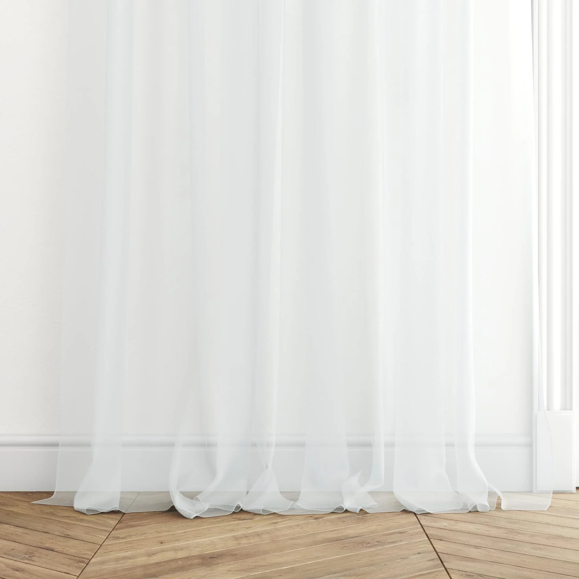 Bottom view of Xo Snow, puddled with pinch pleat, on curtain rod