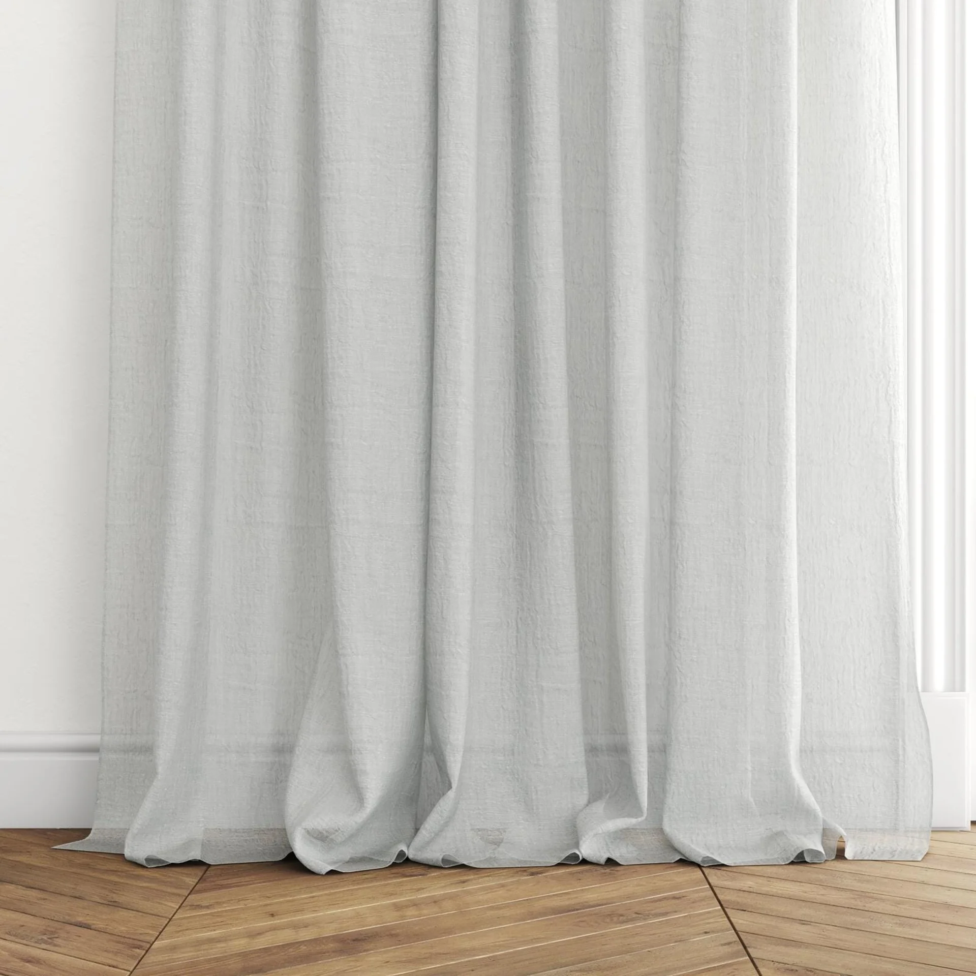 Bottom view of Illusion Dew, puddled with pinch pleat, on curtain rod