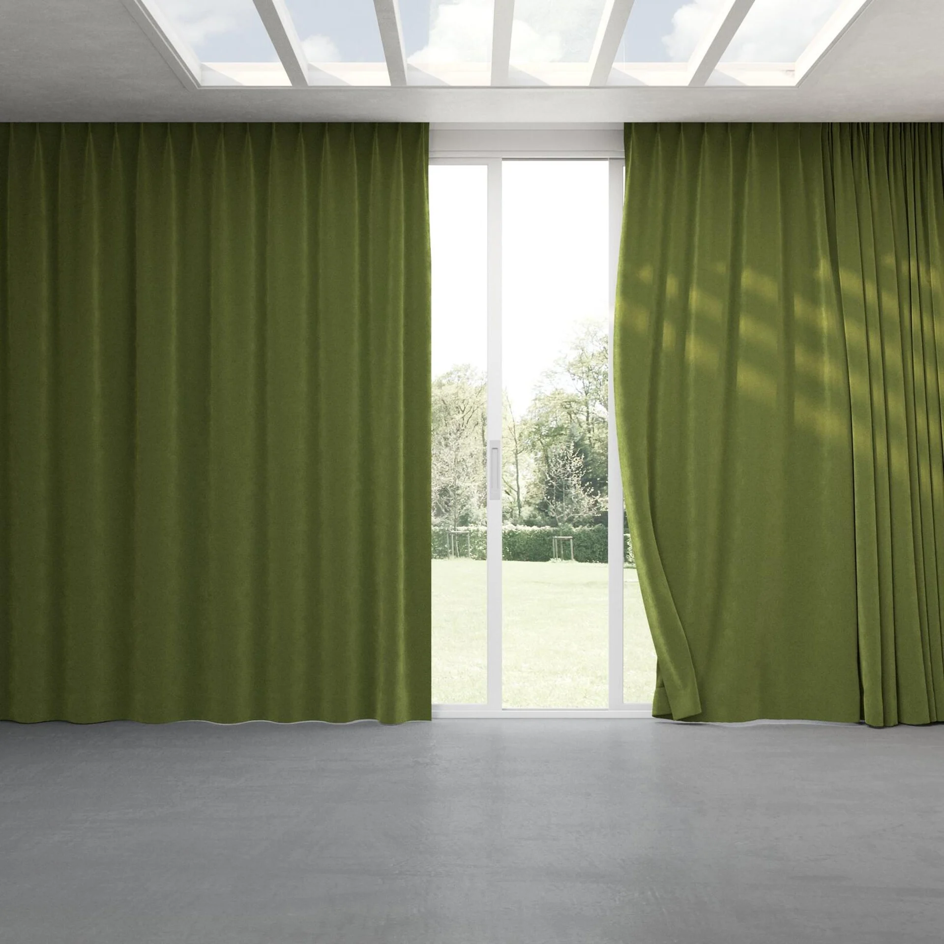 Full view of Lux Velvet Olive 8118, pinch pleat
