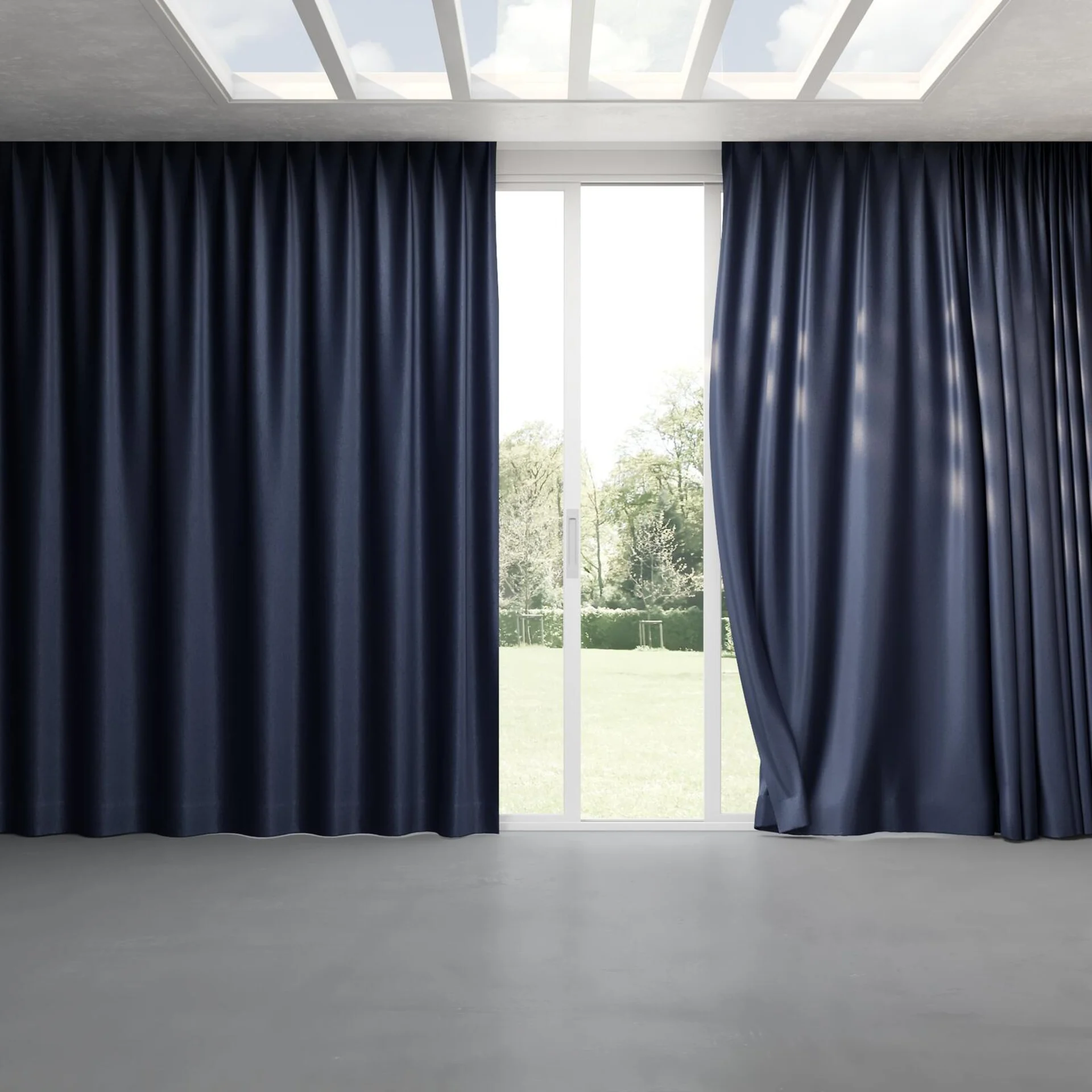 Full view of Recharge Indigo, pinch pleat