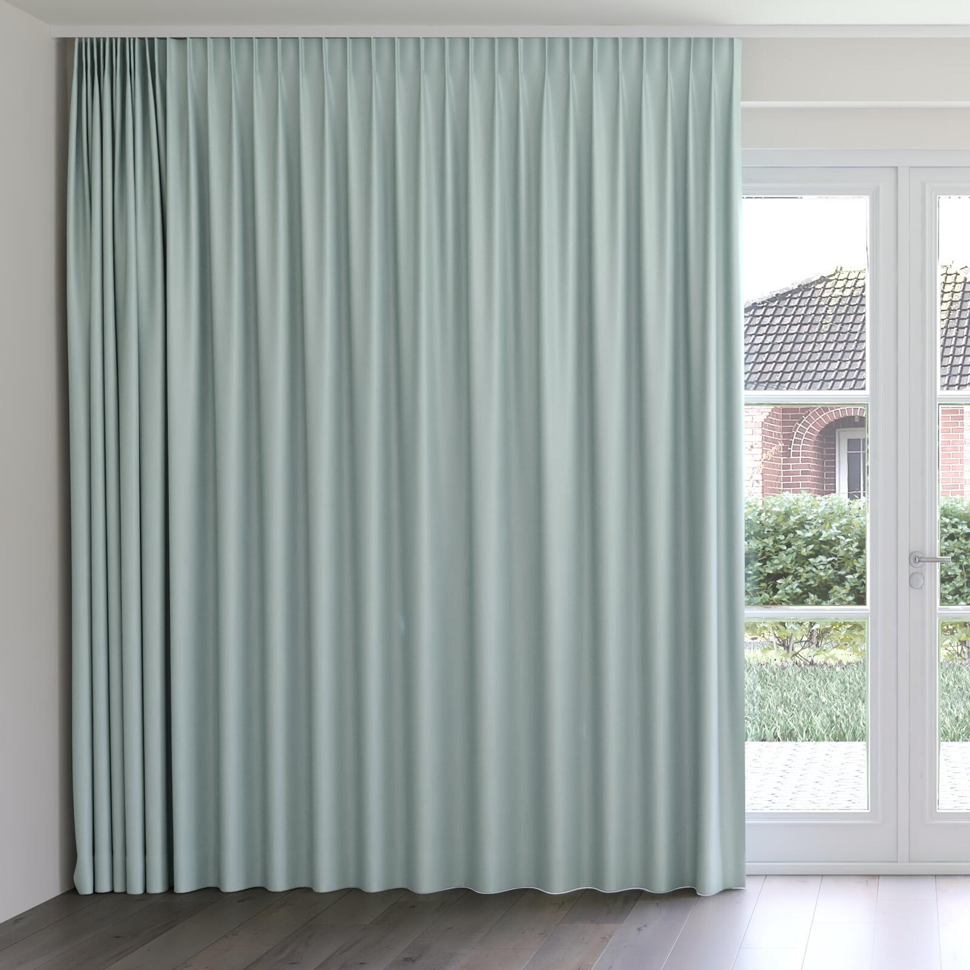 Front view of Kidglove Duckegg, on curtain rail