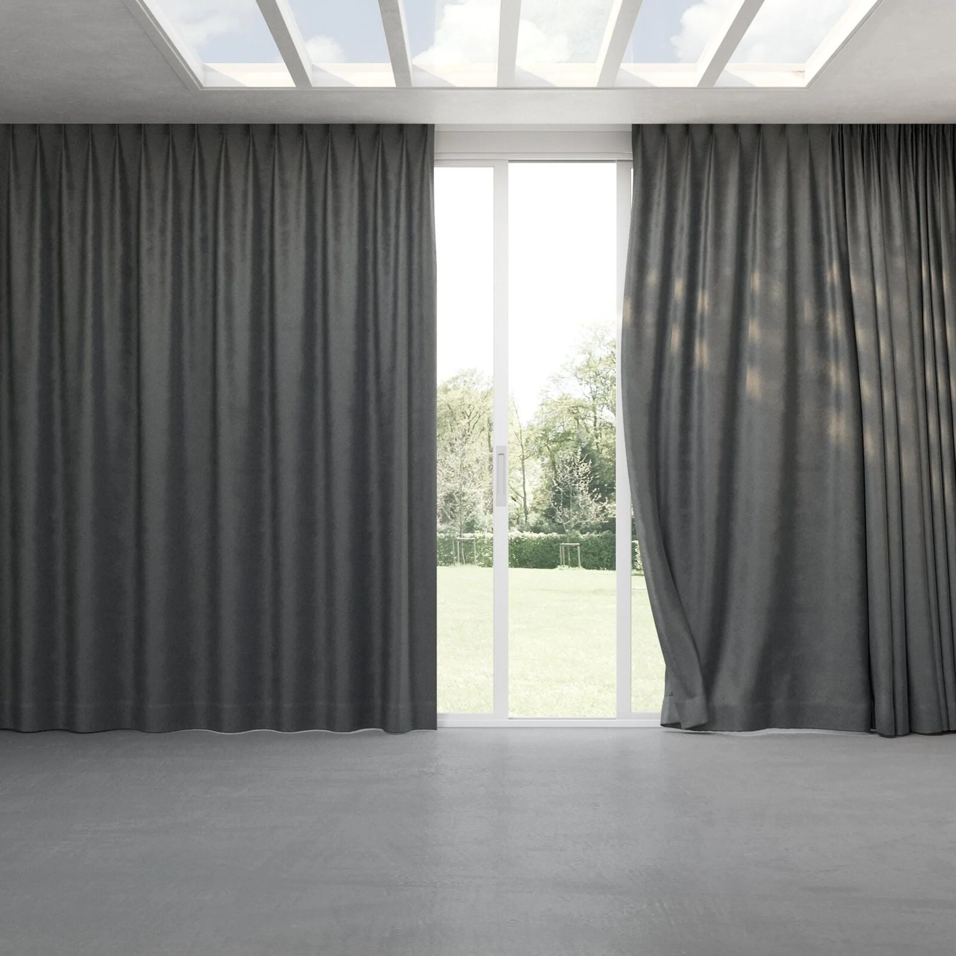 Full view of Velvelux Pewter, pinch pleat