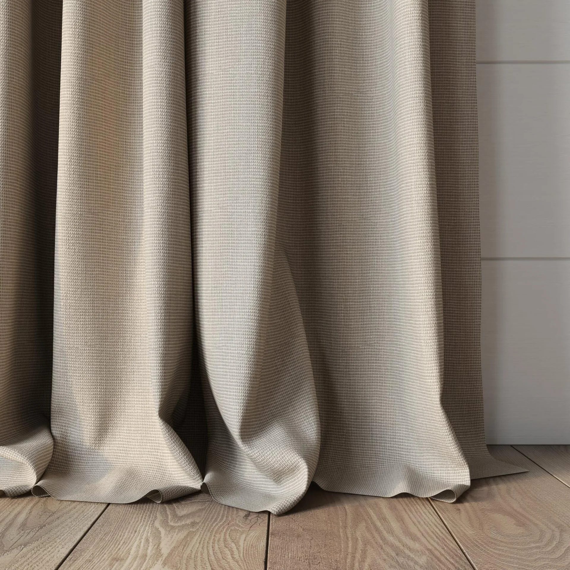 Bottom view of Yugen Linen, puddled, on curtain rod