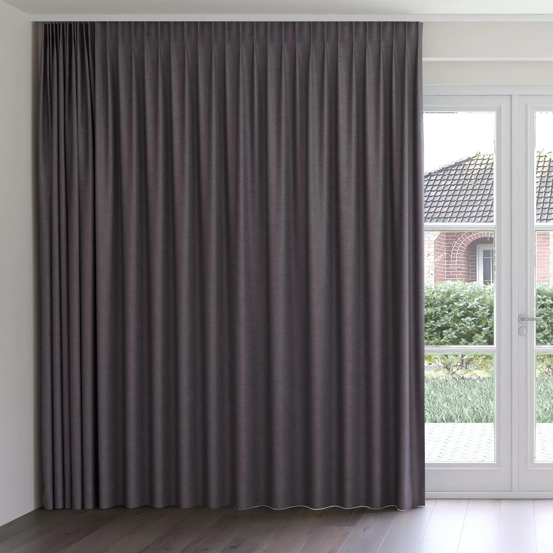 Front view of Colourwash Charcoal, on curtain rail