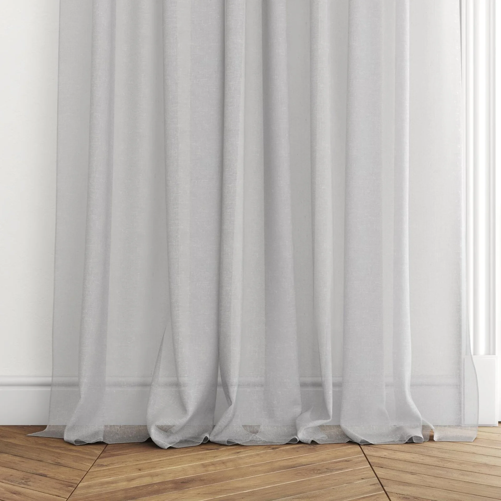 Bottom view of Tempest Storm, puddled with pinch pleat, on curtain rod