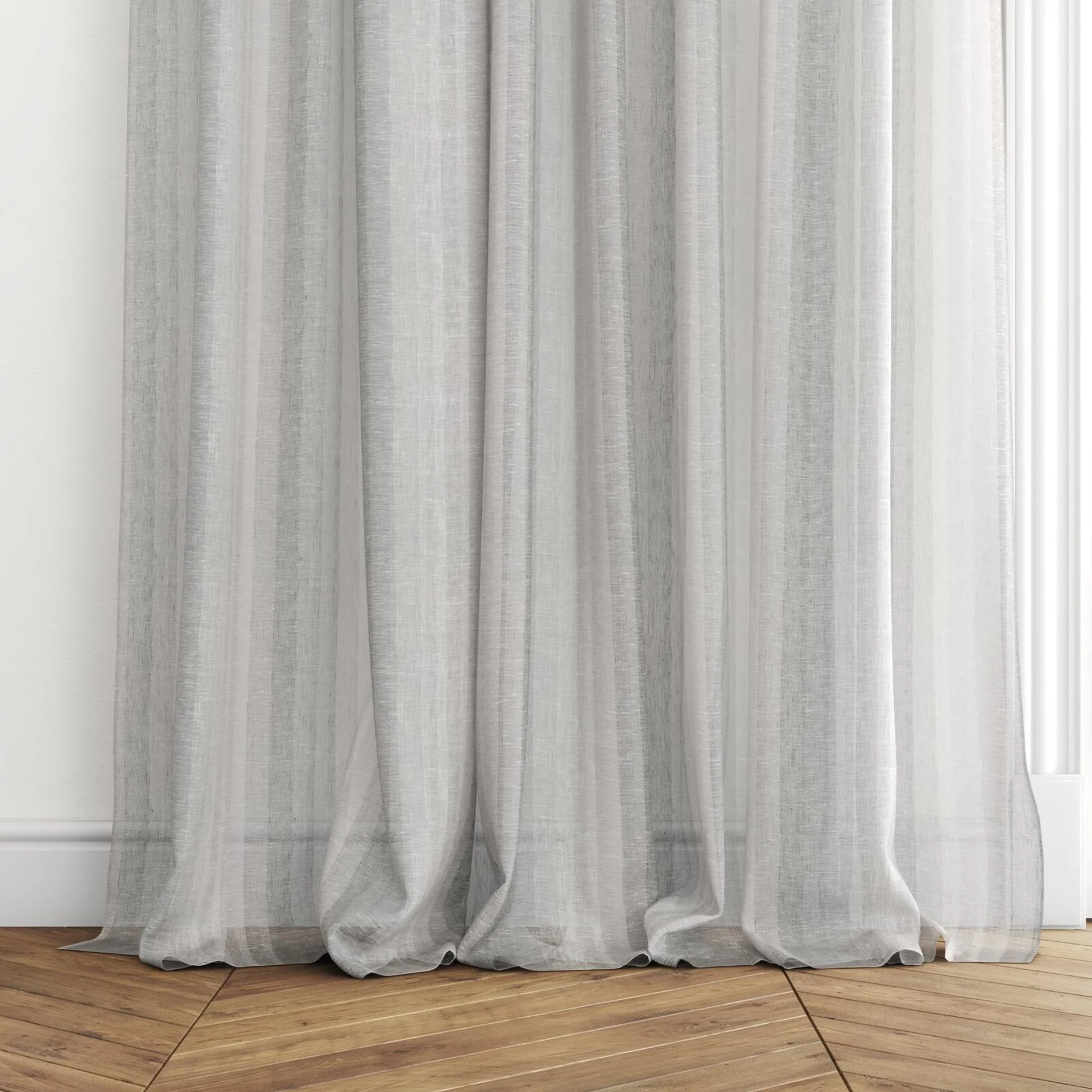 Bottom view of Aligned Mono, puddled with pinch pleat, on curtain rod