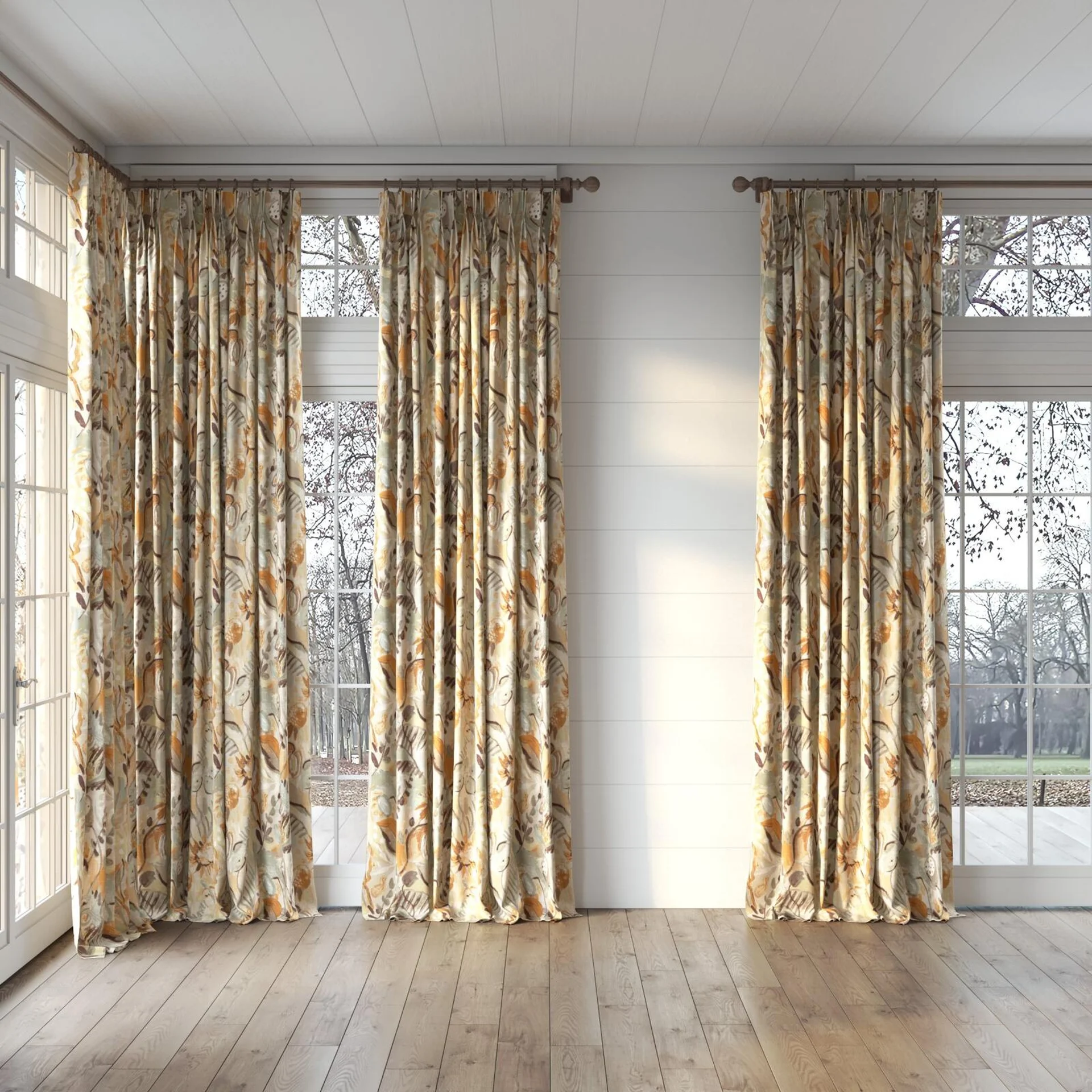 Full view of Charleston Ginger, puddled, on curtain rod