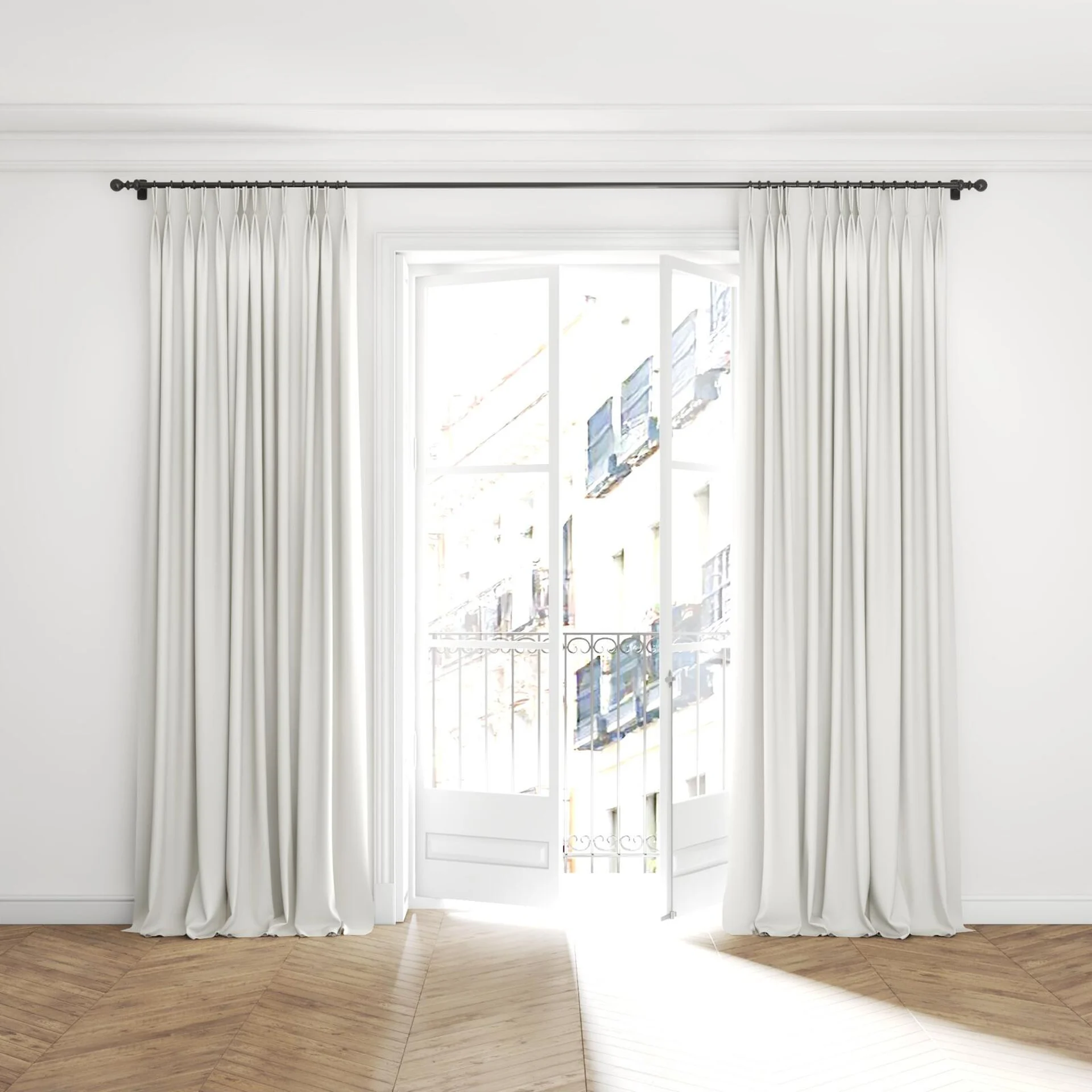 Full view of Coverlet Snow, puddled with pinch pleat, on curtain rod