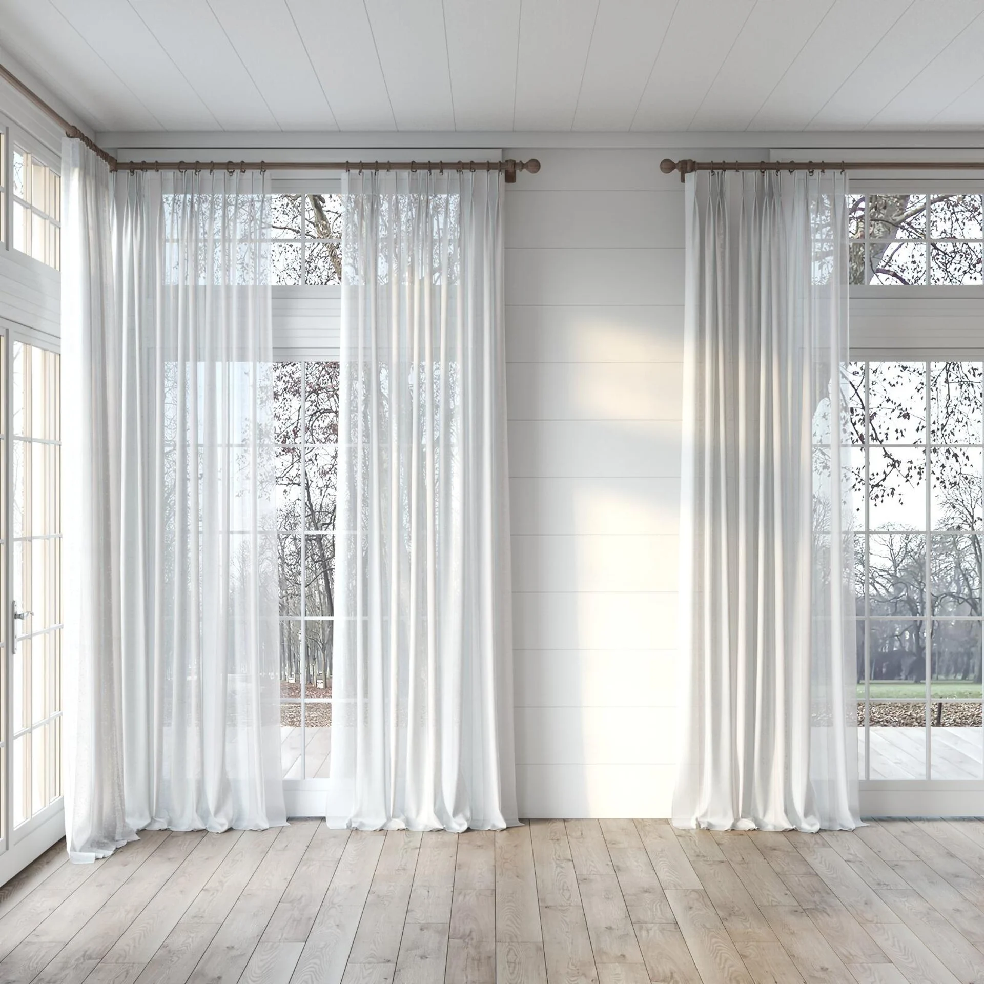 Full view of Kyoto Stripe Powder, puddled, on curtain rod