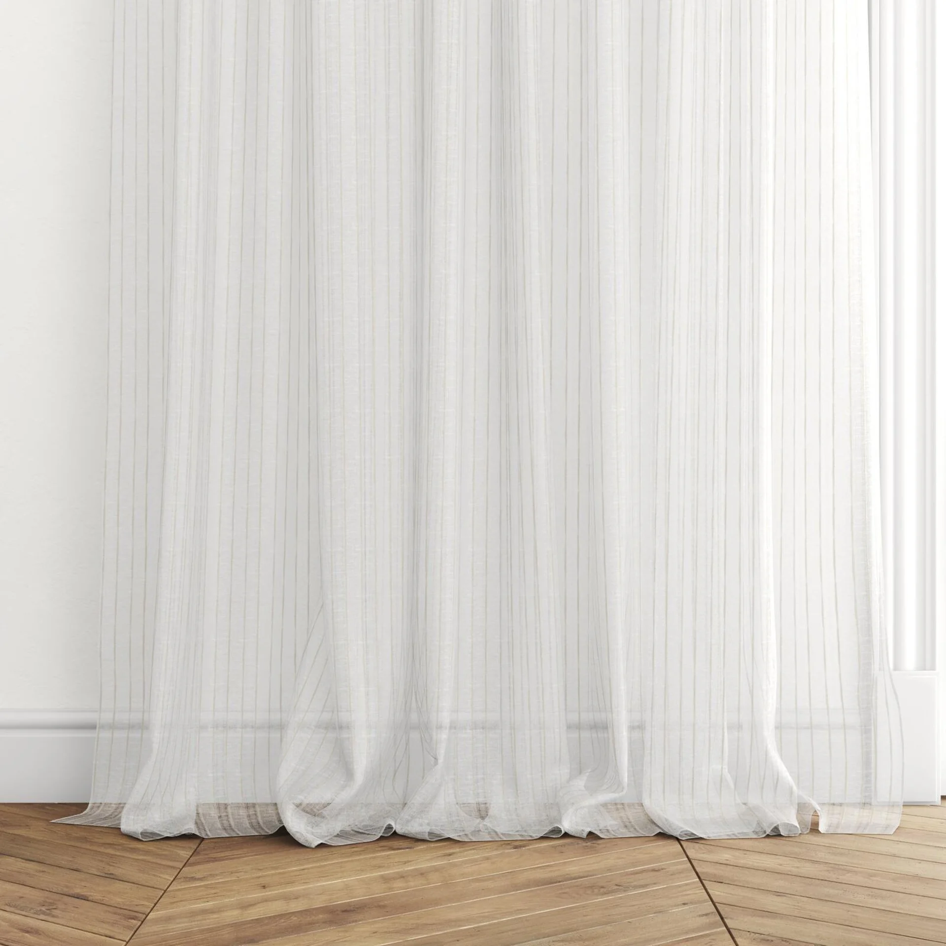 Bottom view of Balzac Flax, puddled with pinch pleat, on curtain rod