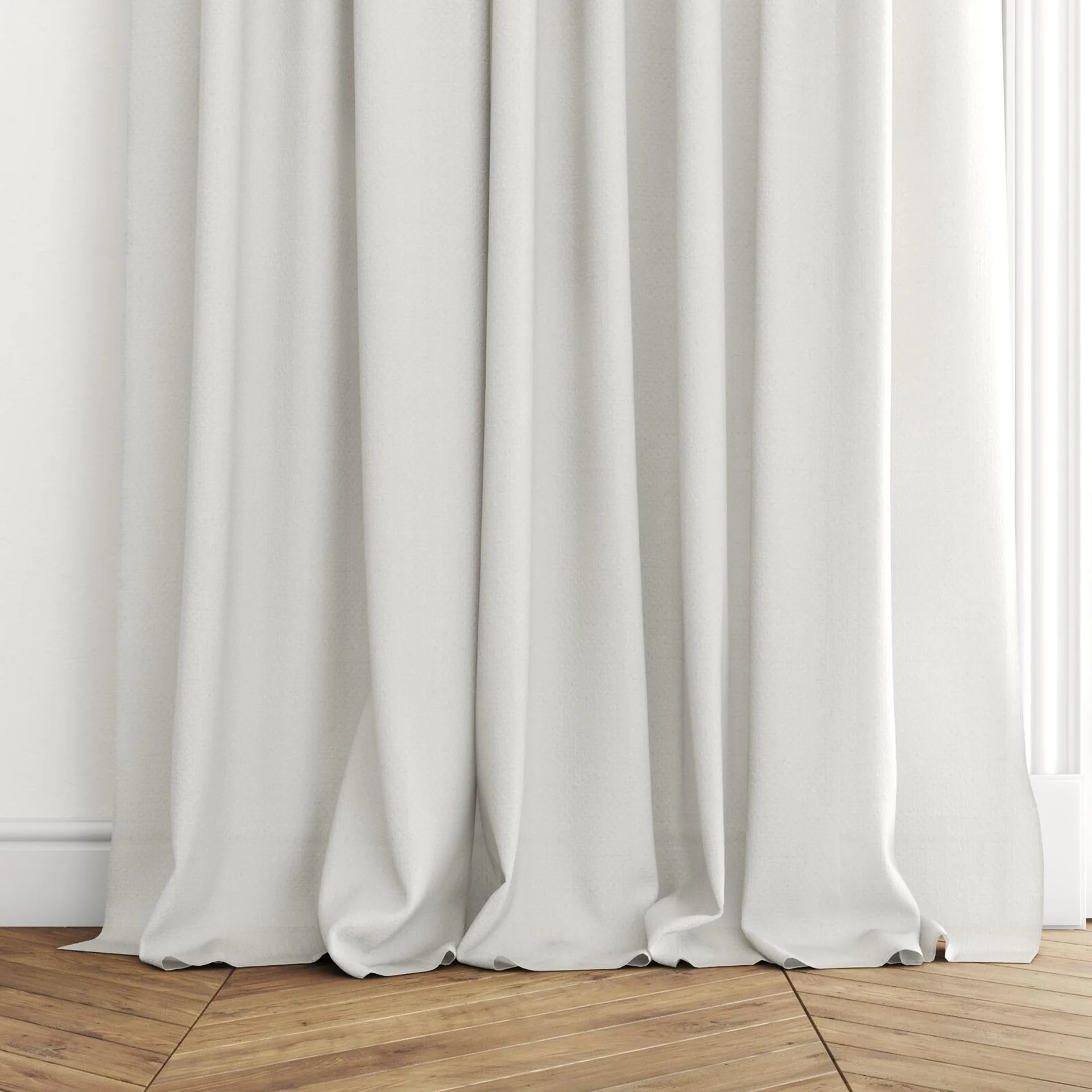Bottom view of Origami Mist, puddled with pinch pleat, on curtain rod