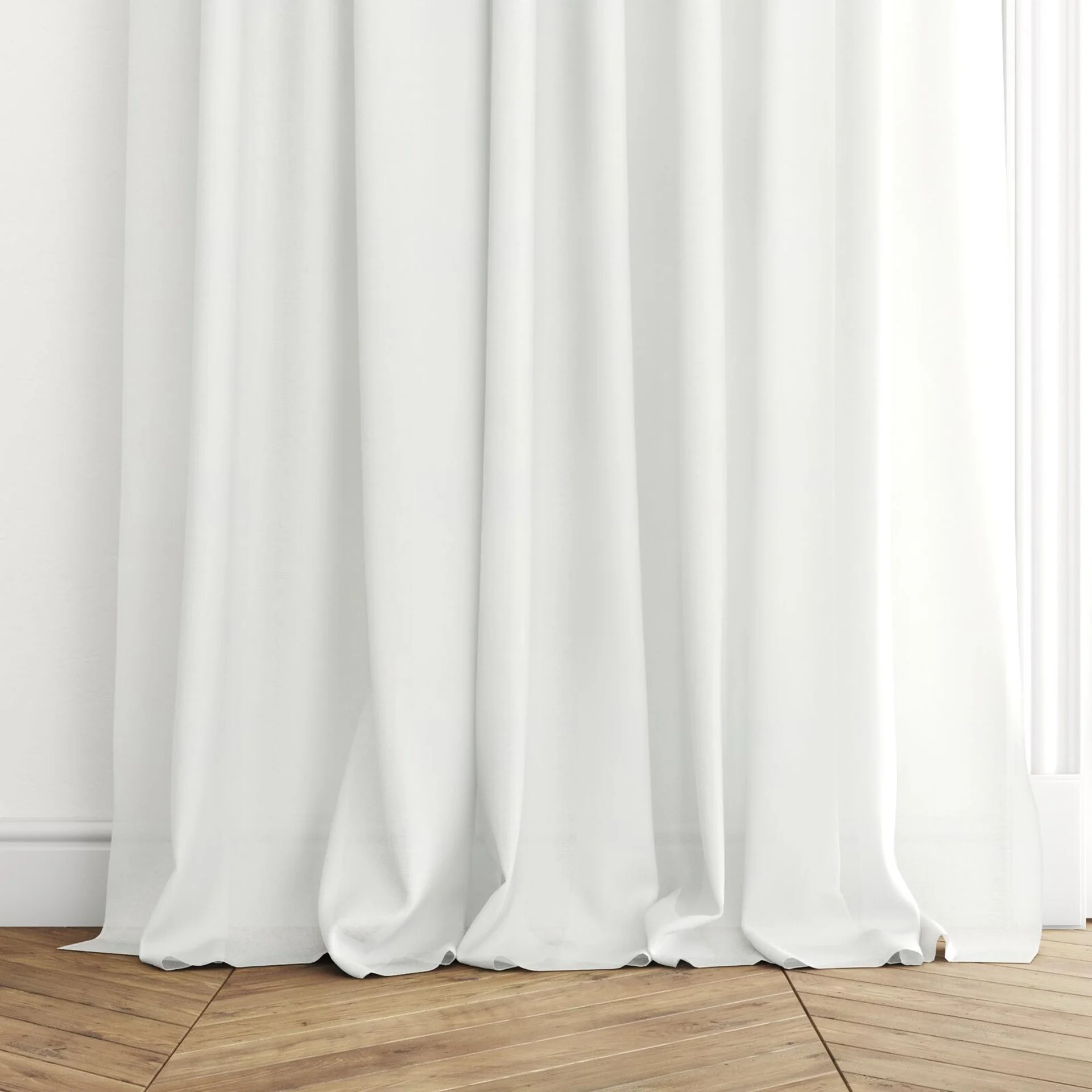 Bottom view of Gossy Ivory, puddled with pinch pleat, on curtain rod