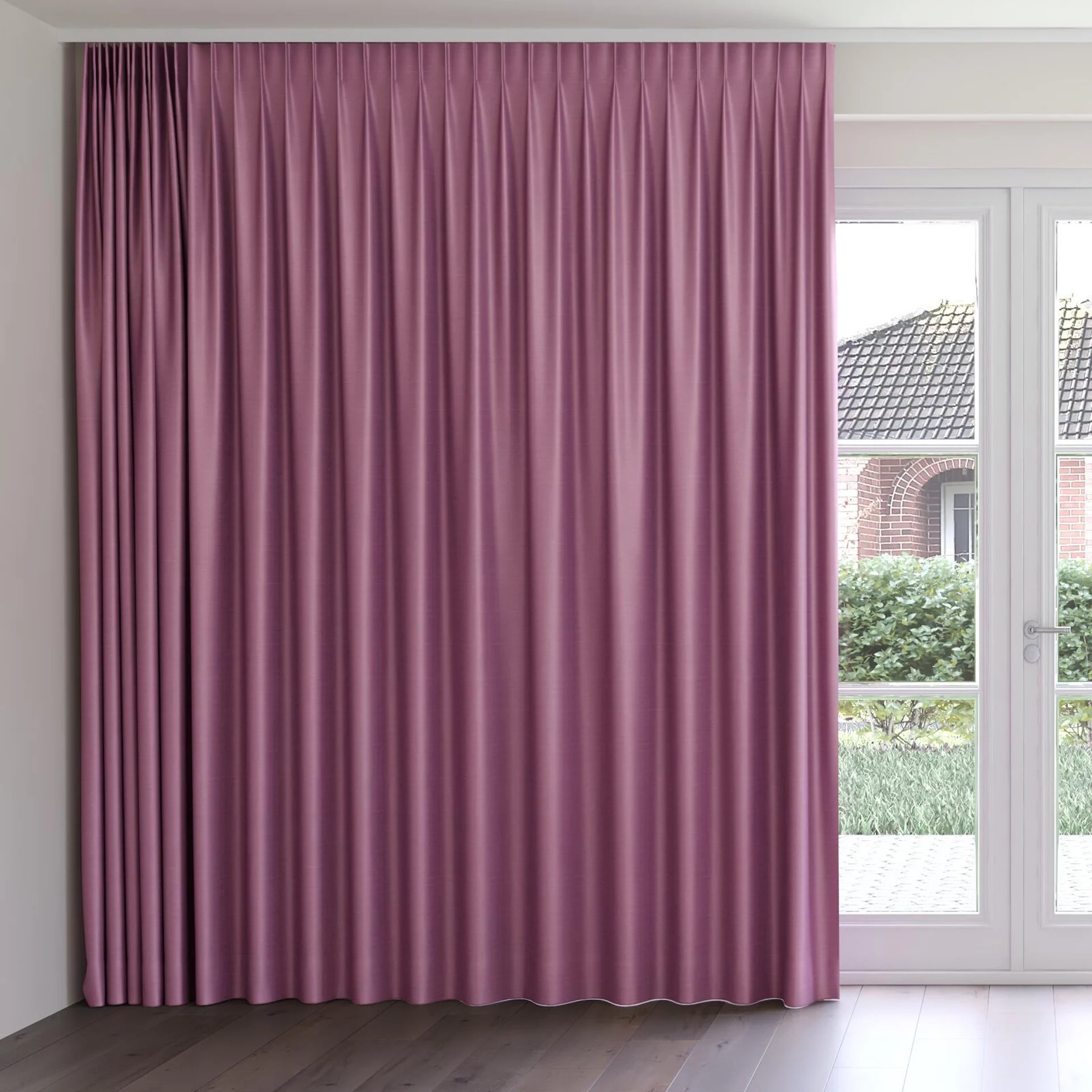 Front view of Silky Lilac, on curtain rail