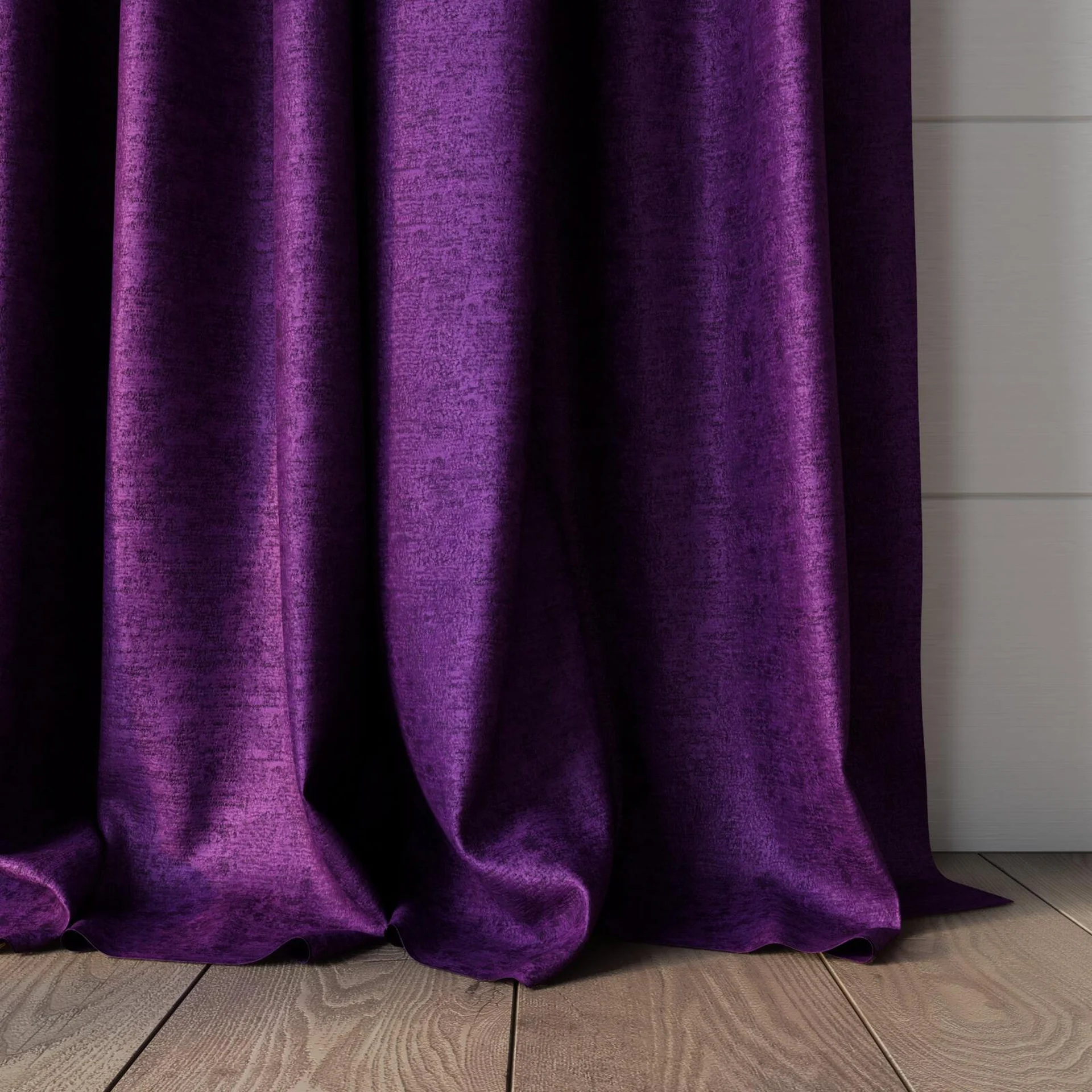 Bottom view of Hug Violet, puddled, on curtain rod