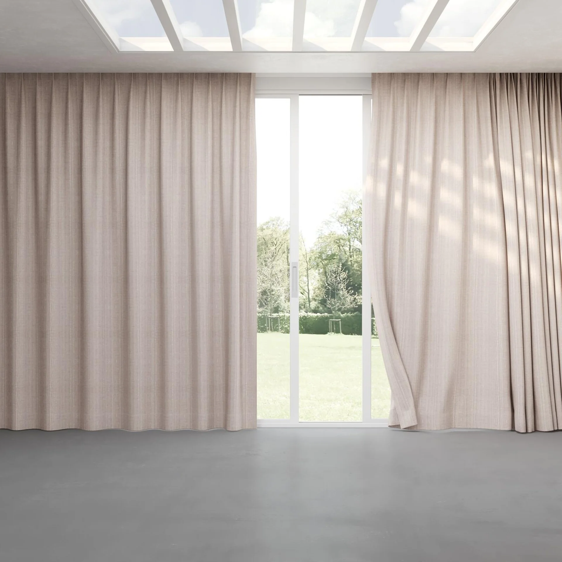 Full view of Iconic Putty, pinch pleat