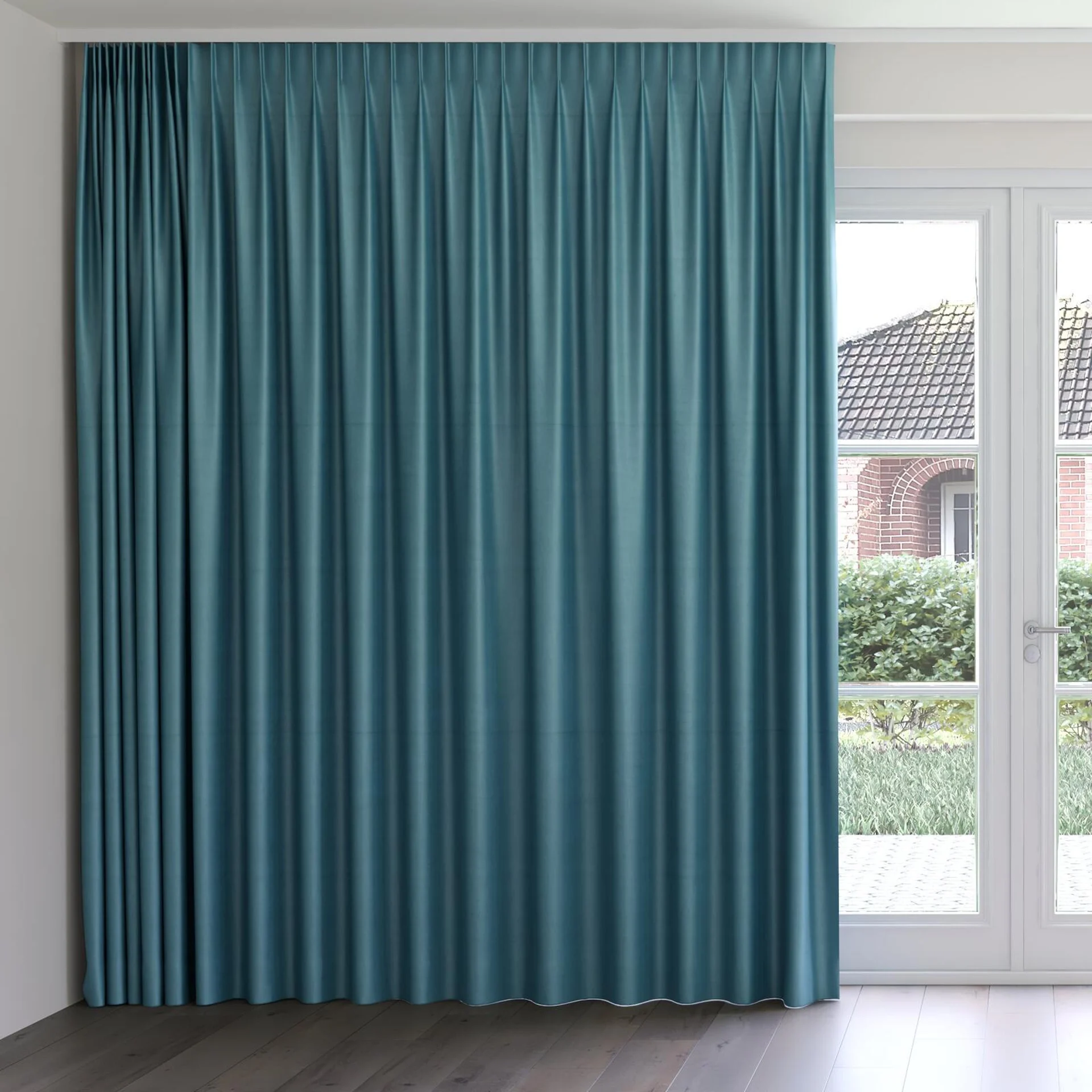 Front view of Warlock Teal, on curtain rail