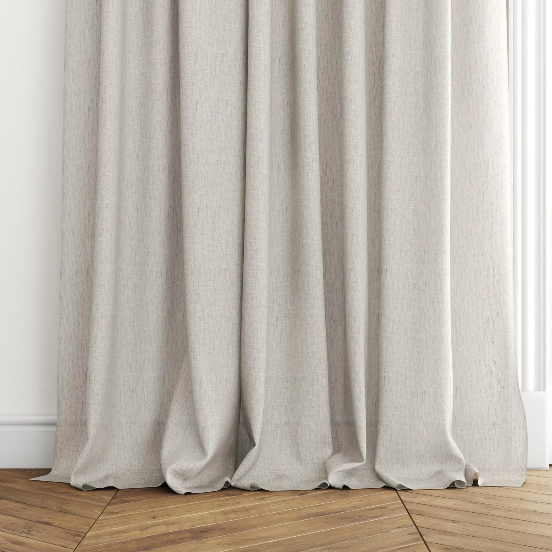 Bottom view of Shoji Frost, puddled with pinch pleat, on curtain rod