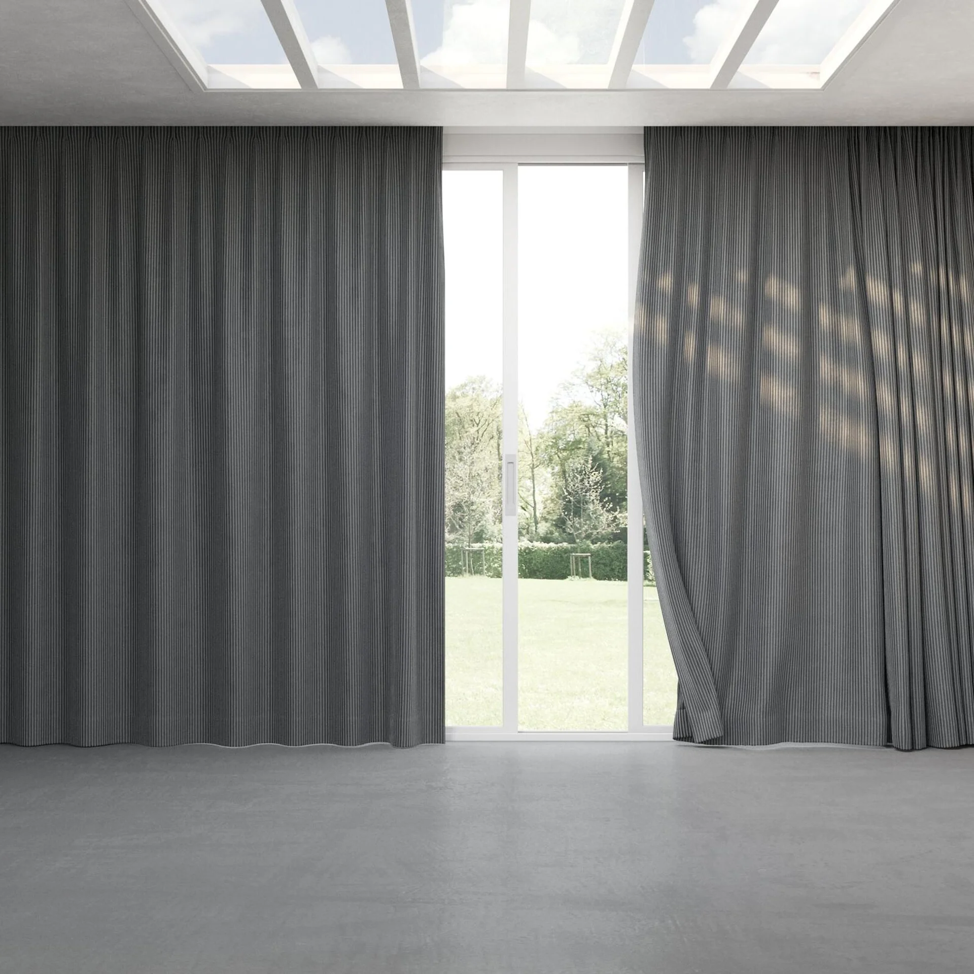Full view of Embrace Charcoal, pinch pleat