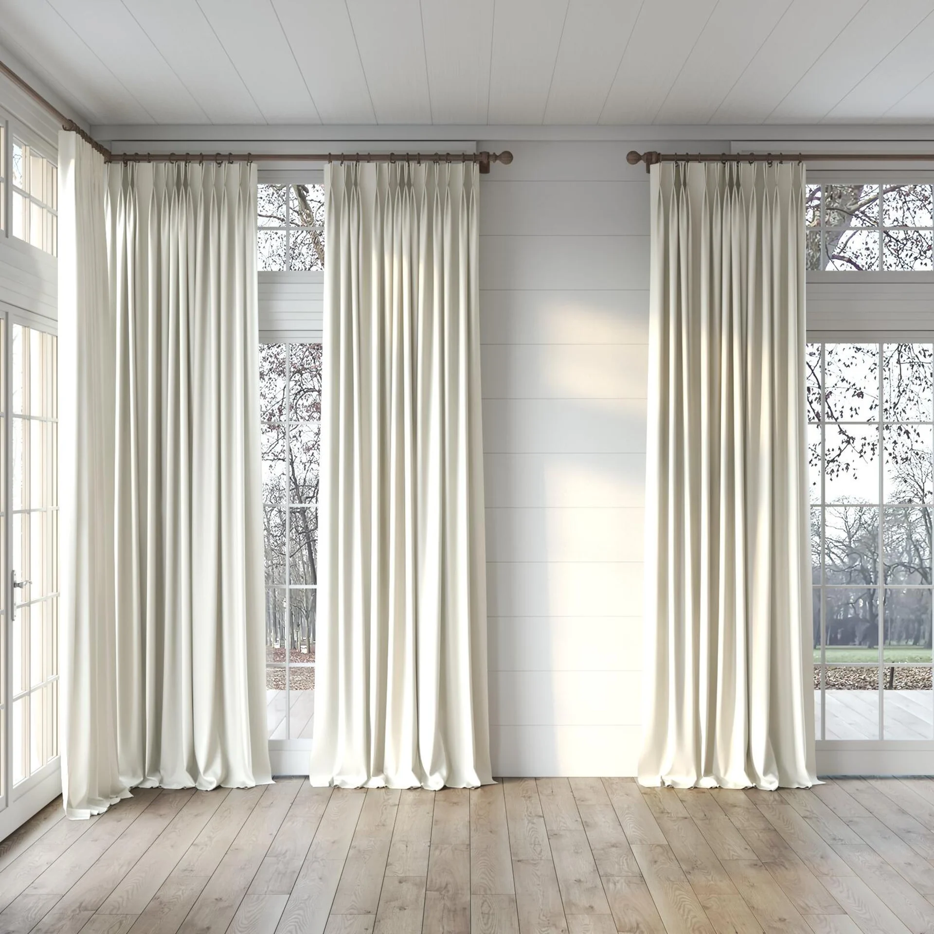 Full view of Woolskin Marzipan, puddled, on curtain rod