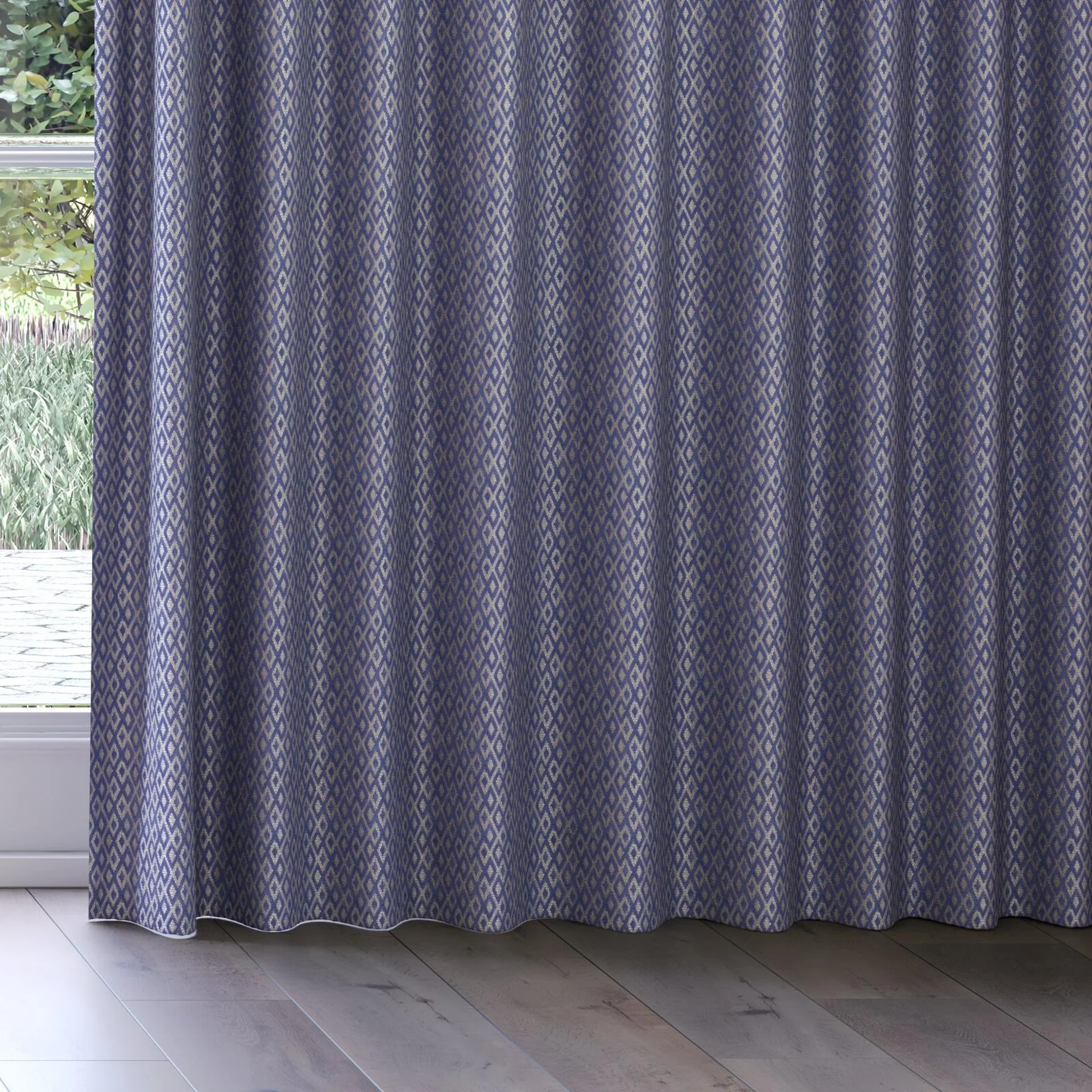 Bottom view of Daytona Denim, on curtain rail
