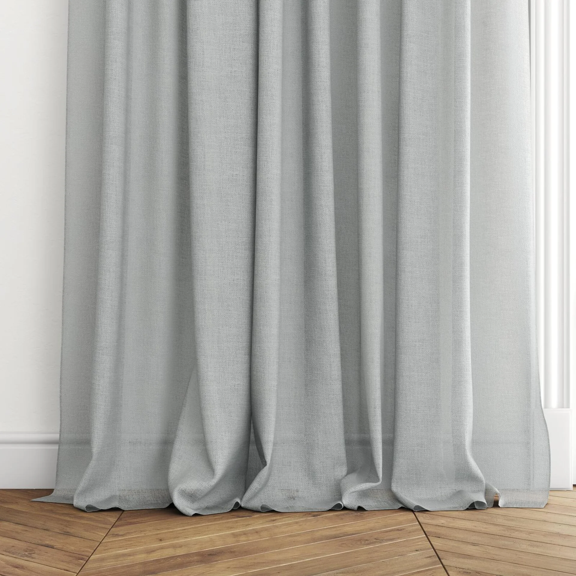 Bottom view of Statement Silver, puddled with pinch pleat, on curtain rod