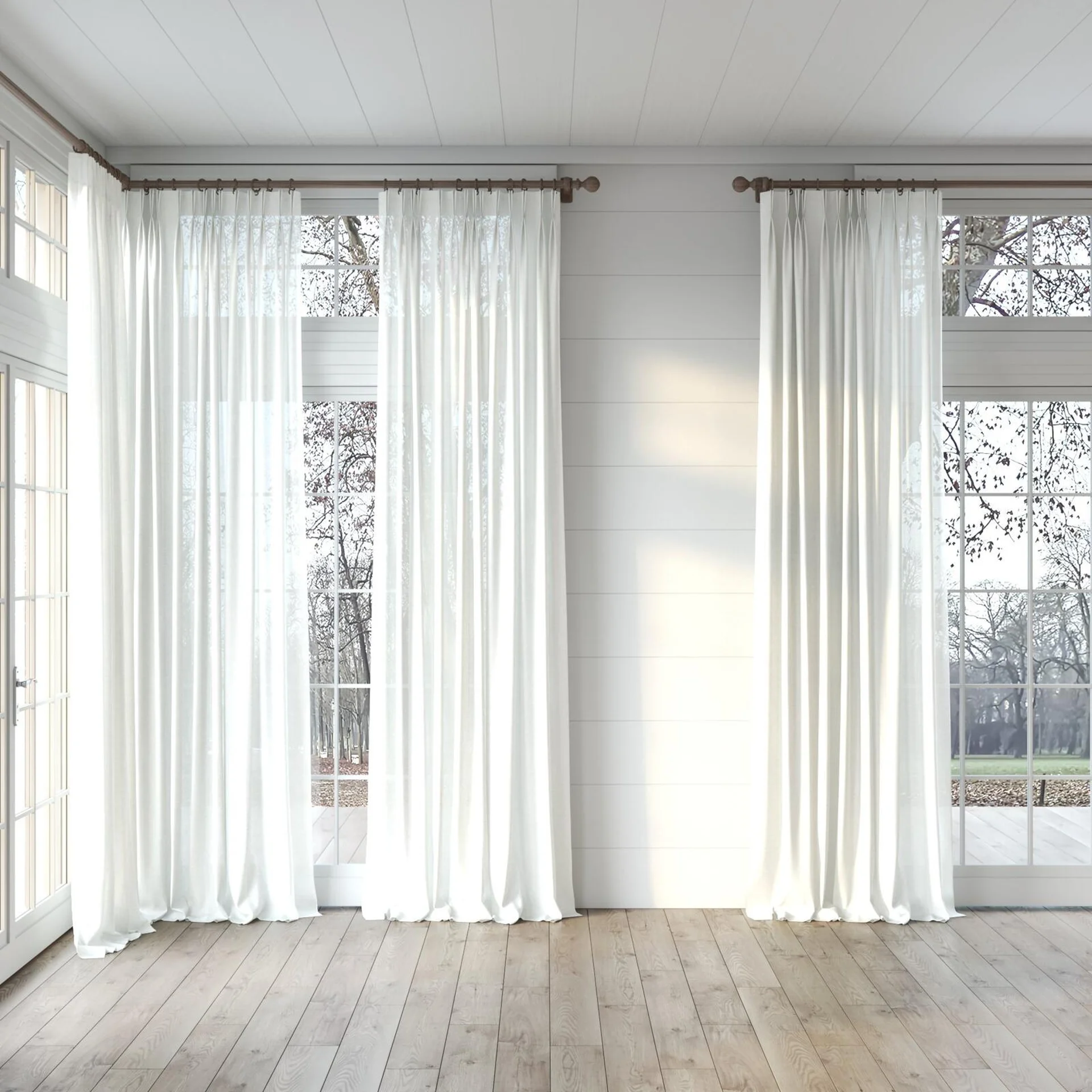 Full view of Arcadia Angora, puddled, on curtain rod