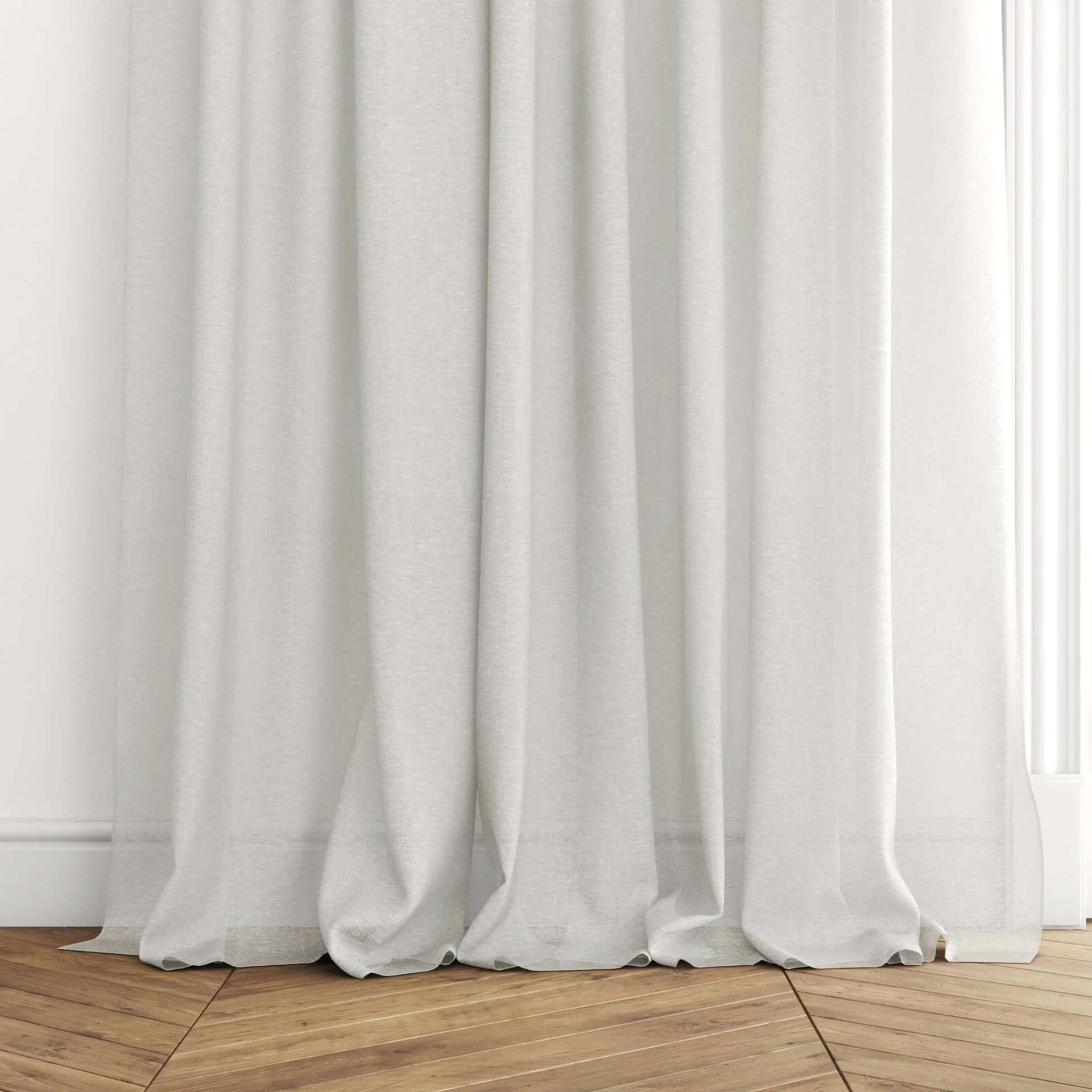 Bottom view of Savona Pure, puddled with pinch pleat, on curtain rod