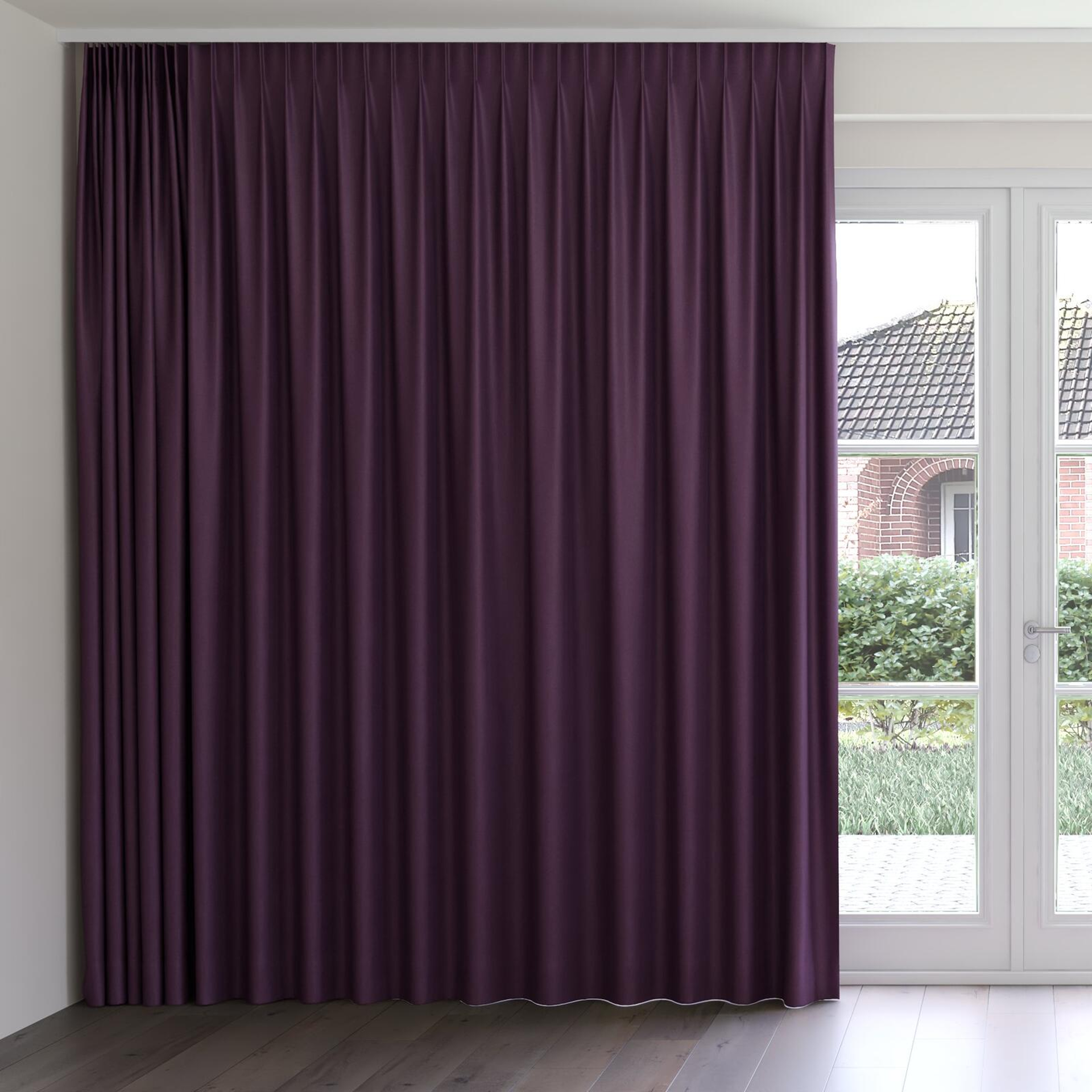 Front view of Woolly/Woolen Aubergine, on curtain rail