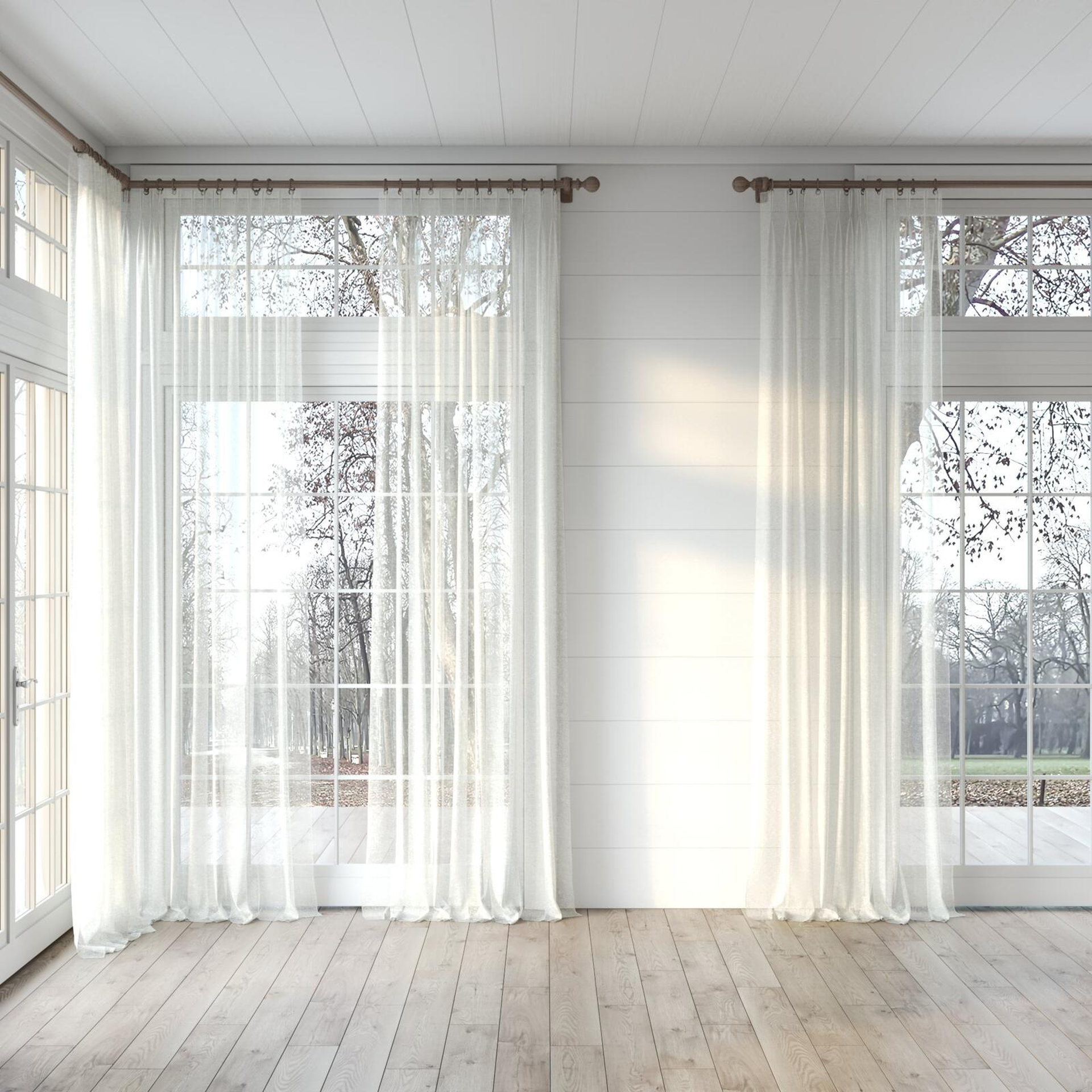Full view of Pure Linen Sand, puddled, on curtain rod