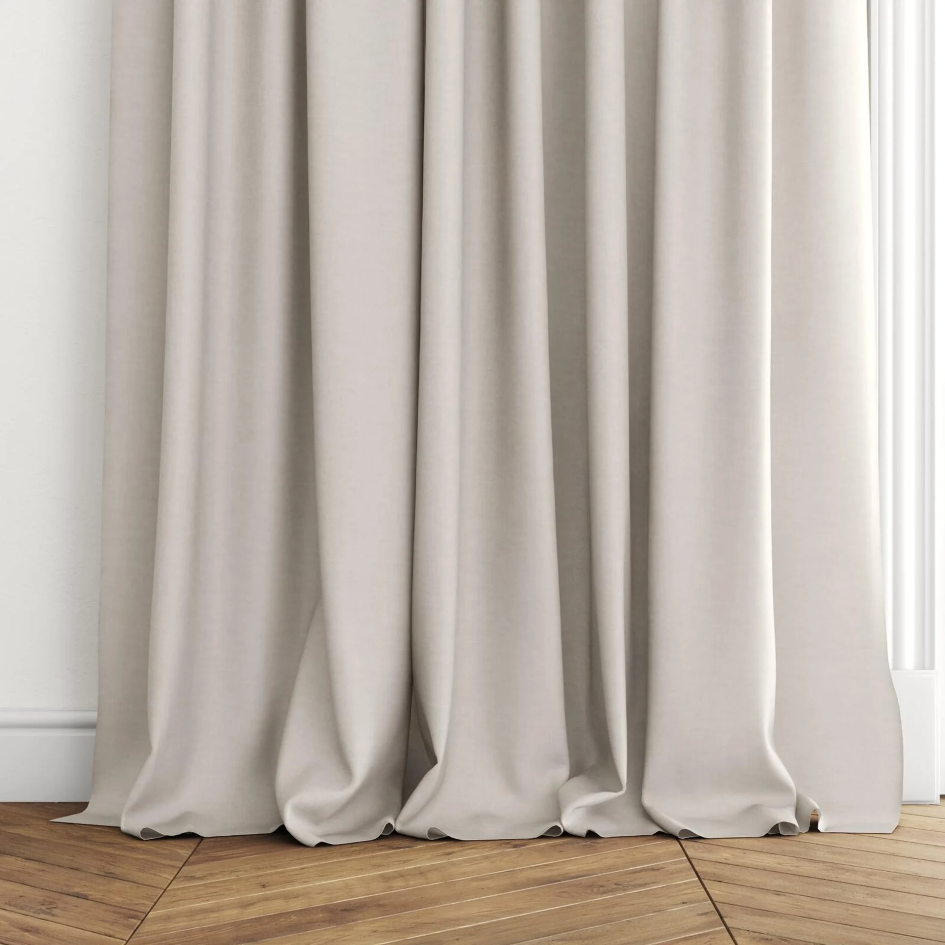 Bottom view of Arcadia Plaza, puddled with pinch pleat, on curtain rod