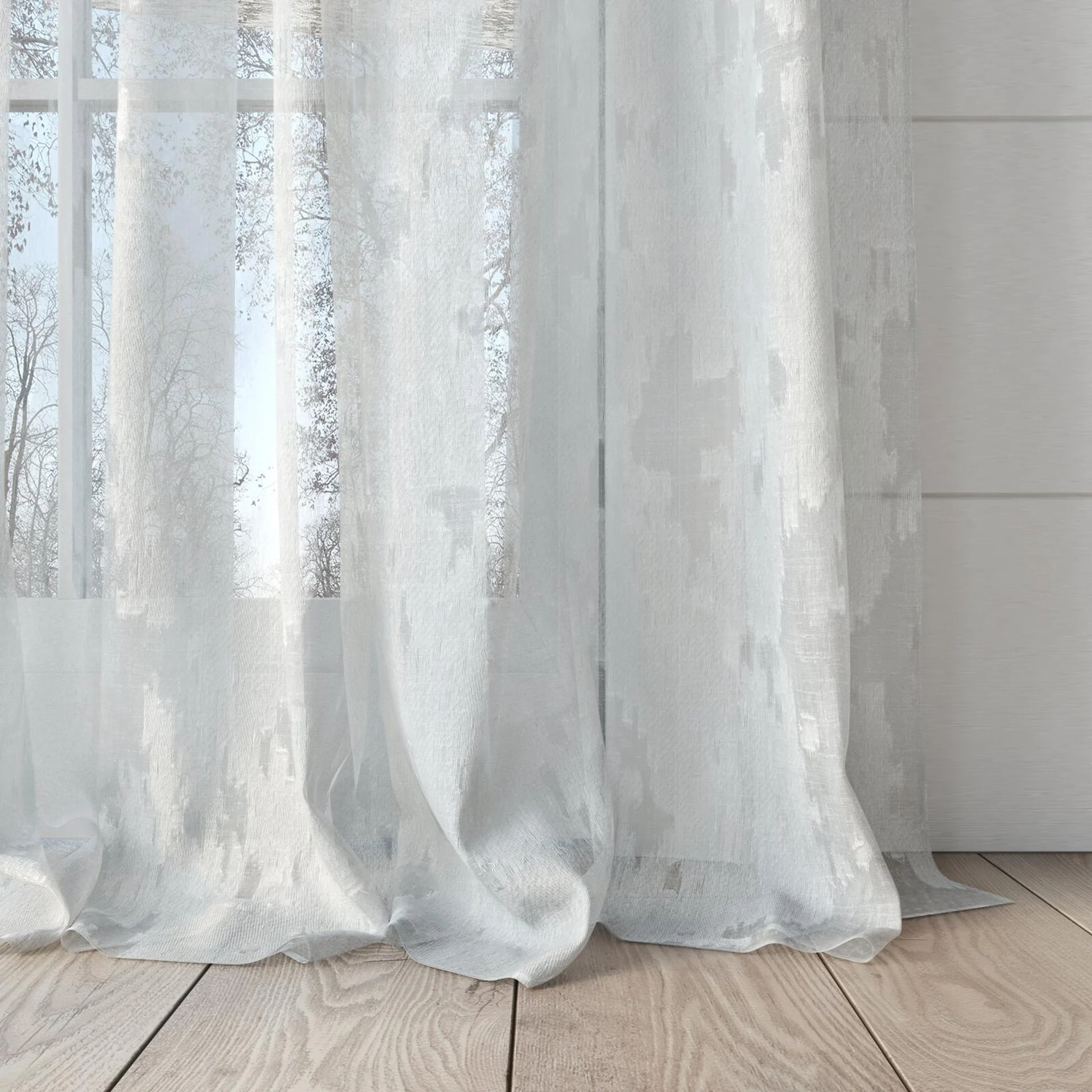 Bottom view of Triora Snow, puddled, on curtain rod