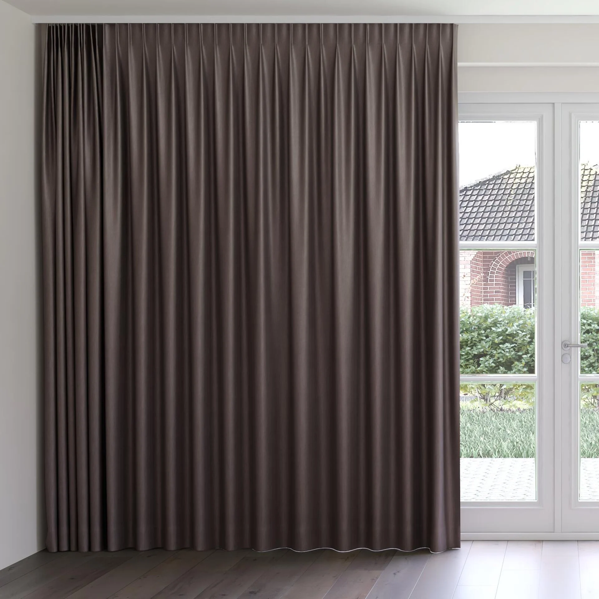 Front view of Hombre Walnut, on curtain rail