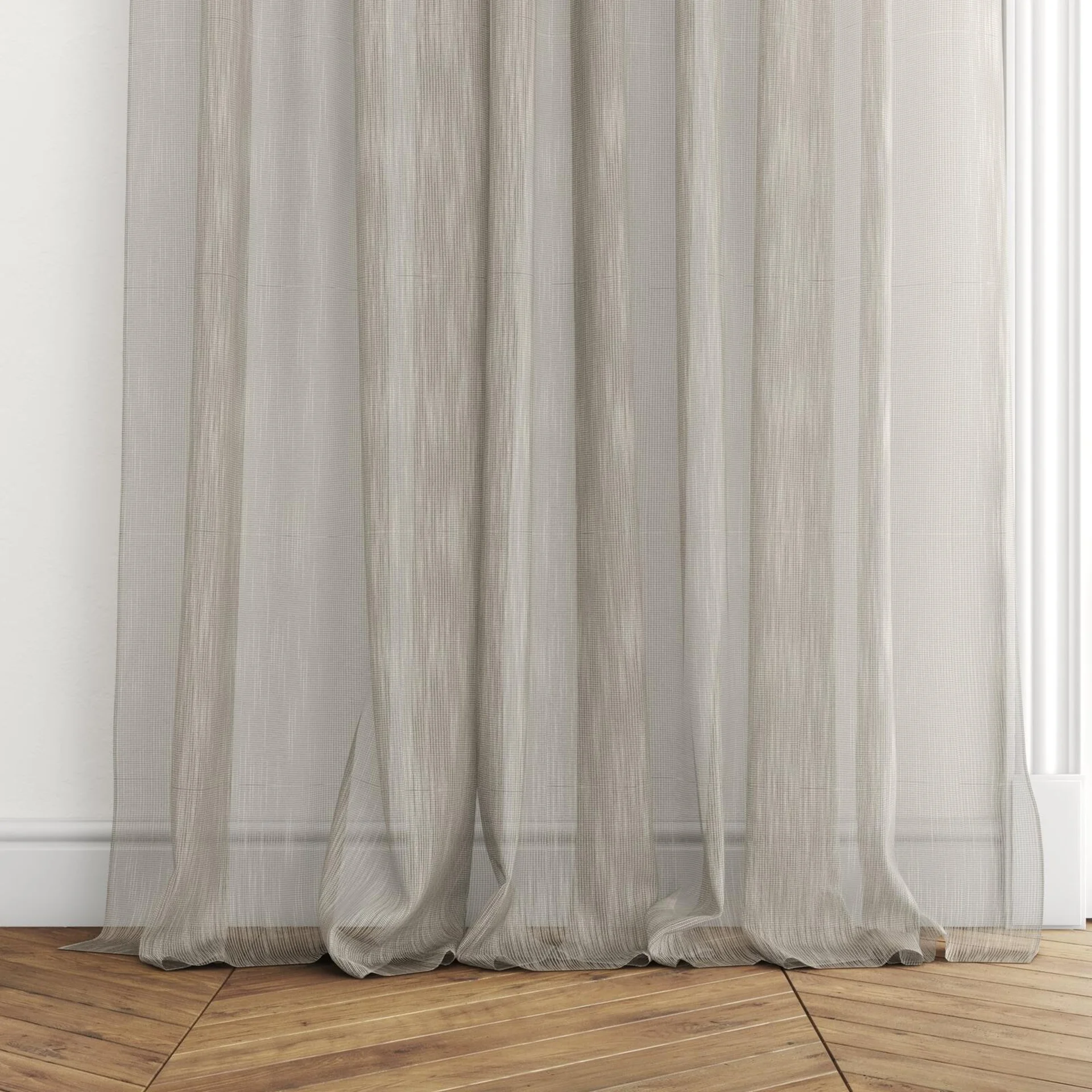 Bottom view of Alliance FR Nomad, puddled with pinch pleat, on curtain rod