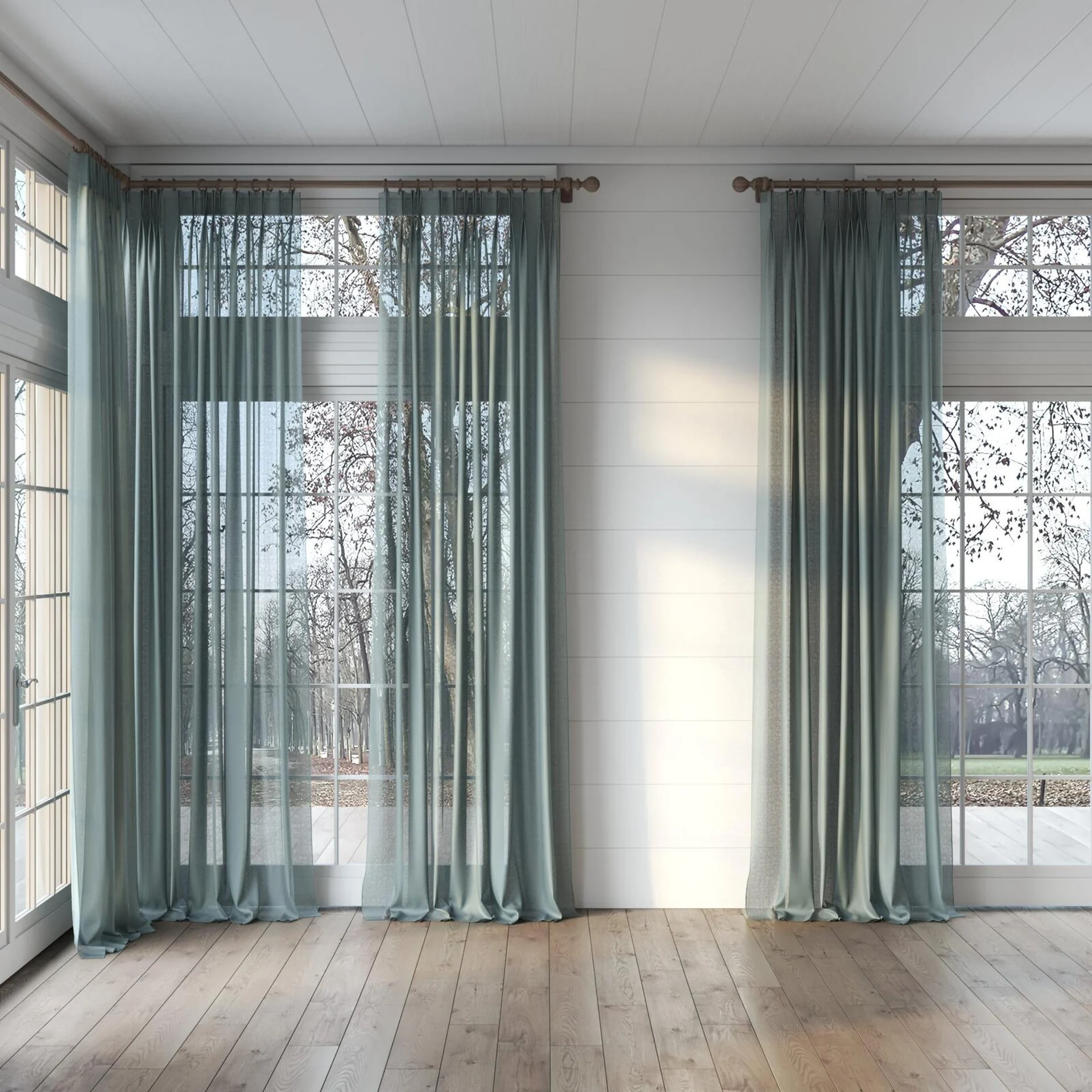 Full view of Kanso Stonewash Mineral, puddled, on curtain rod