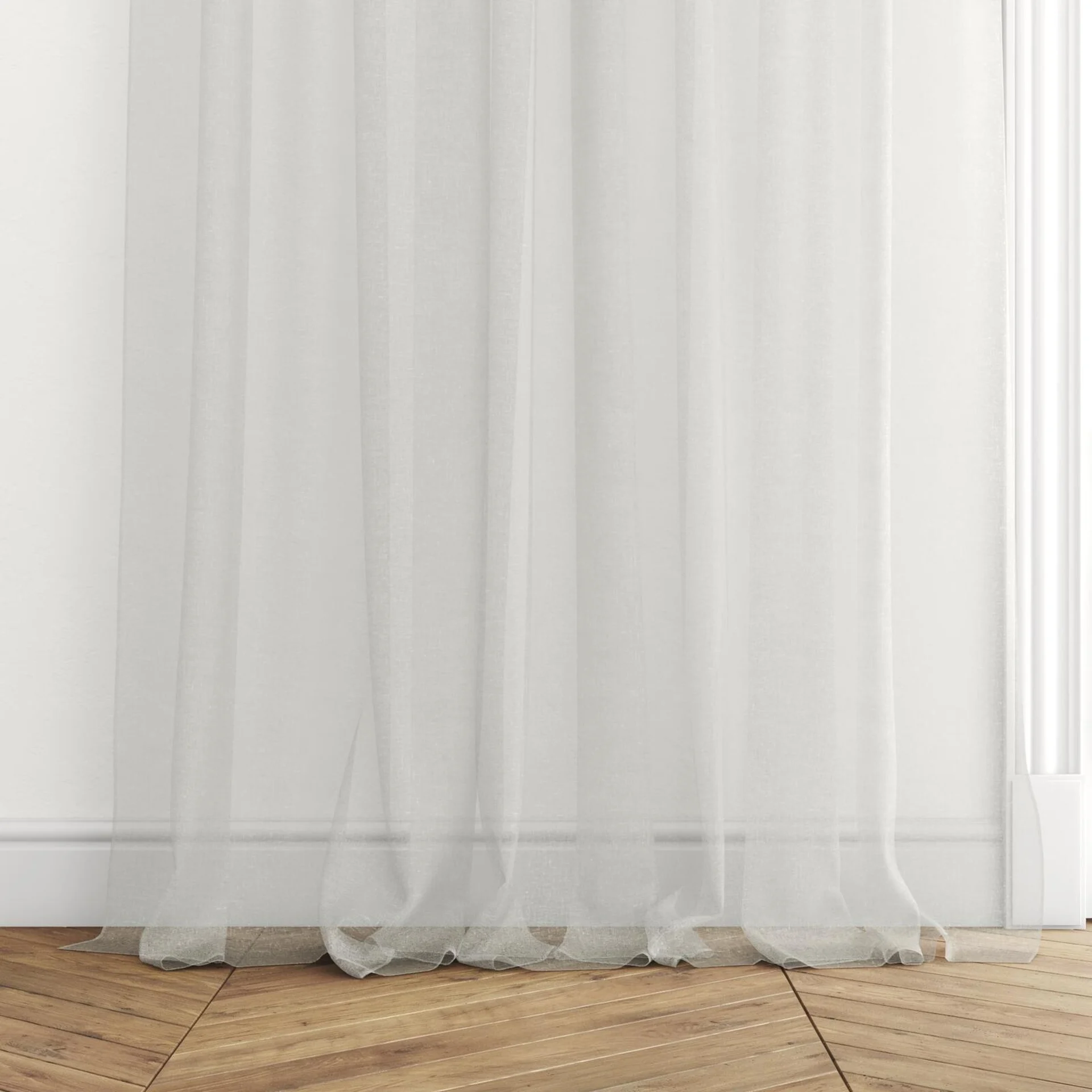 Bottom view of Rhyme Ecru, puddled with pinch pleat, on curtain rod