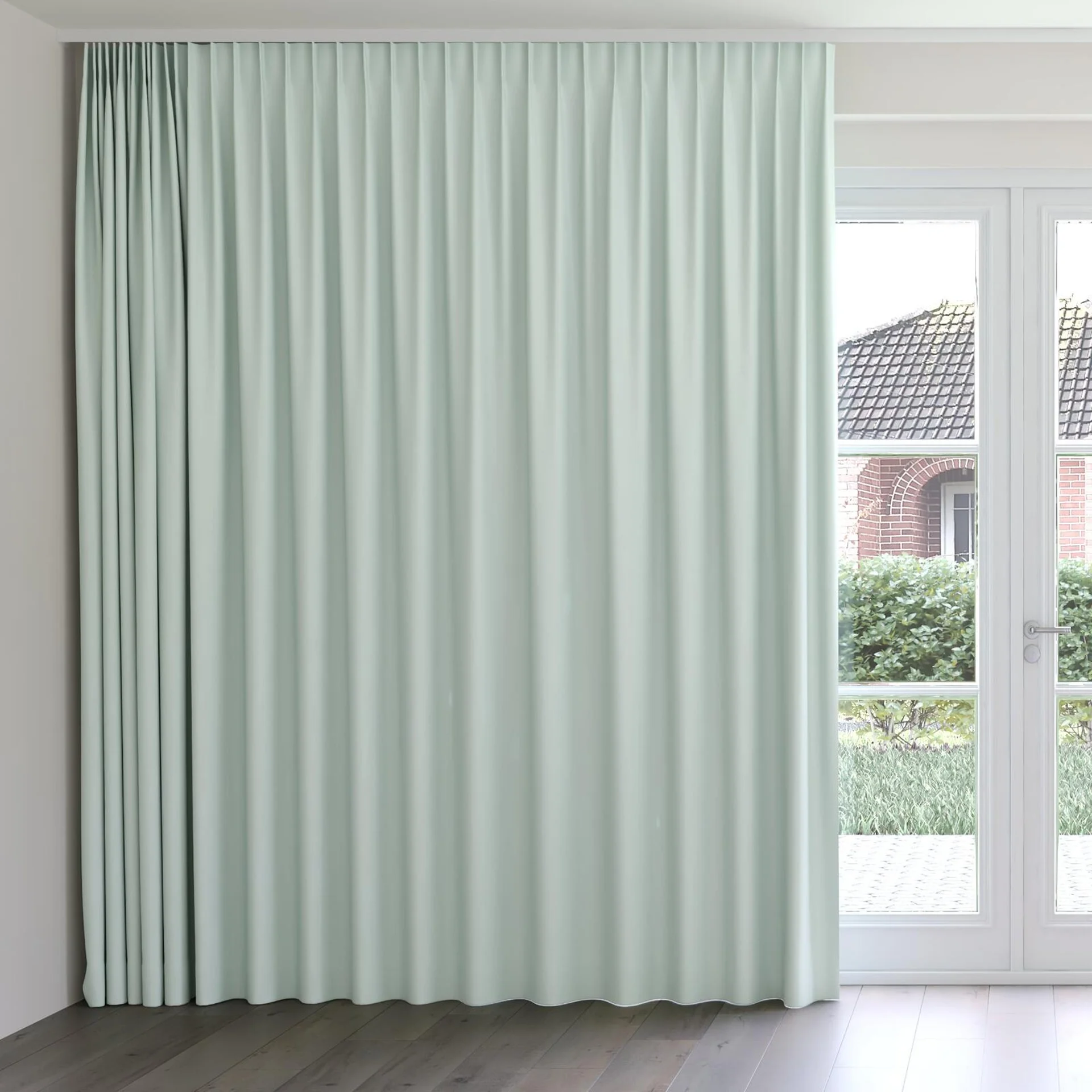 Front view of Vesta Duckegg, on curtain rail