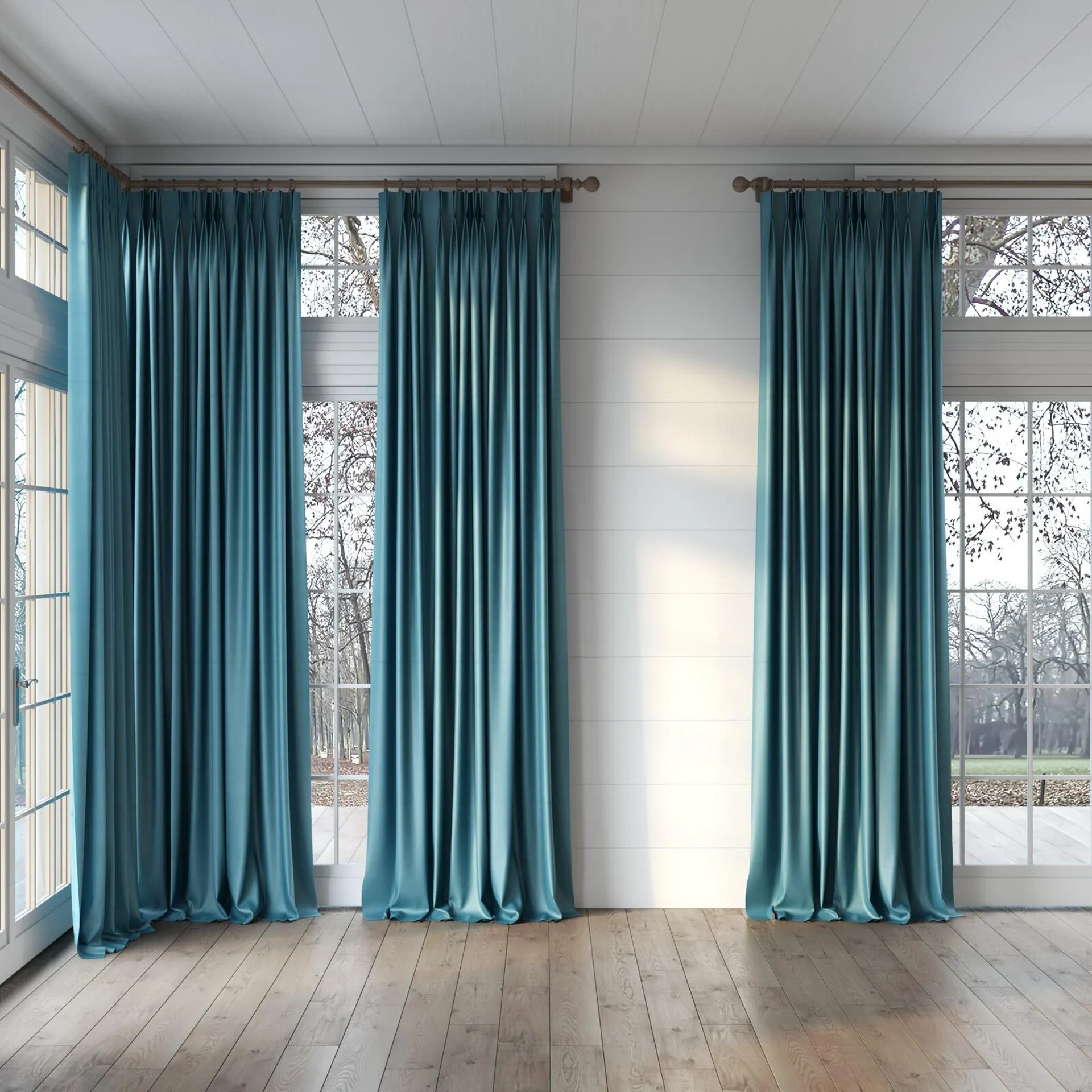 Full view of Warlock Teal, puddled, on curtain rod