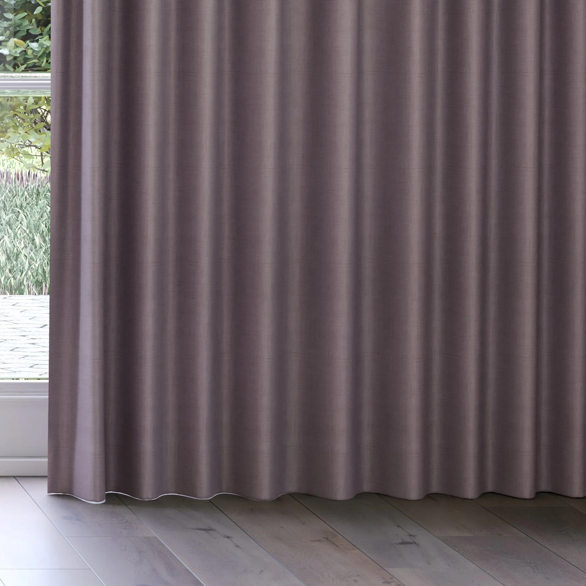Bottom view of Loci Dim Out Mauve, on curtain rail