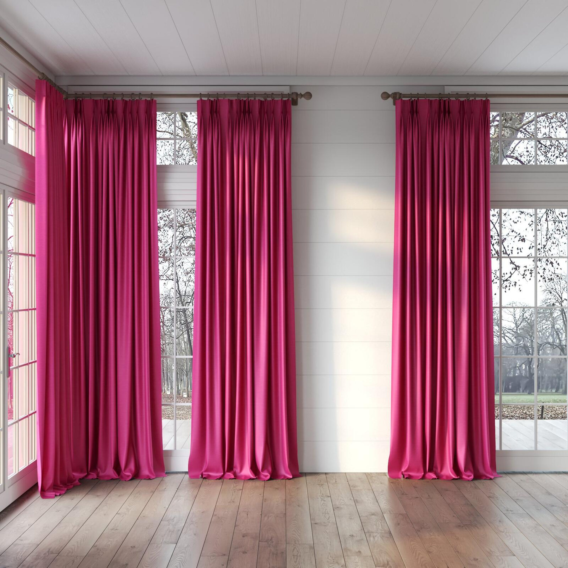 Full view of Silky Magenta, puddled, on curtain rod
