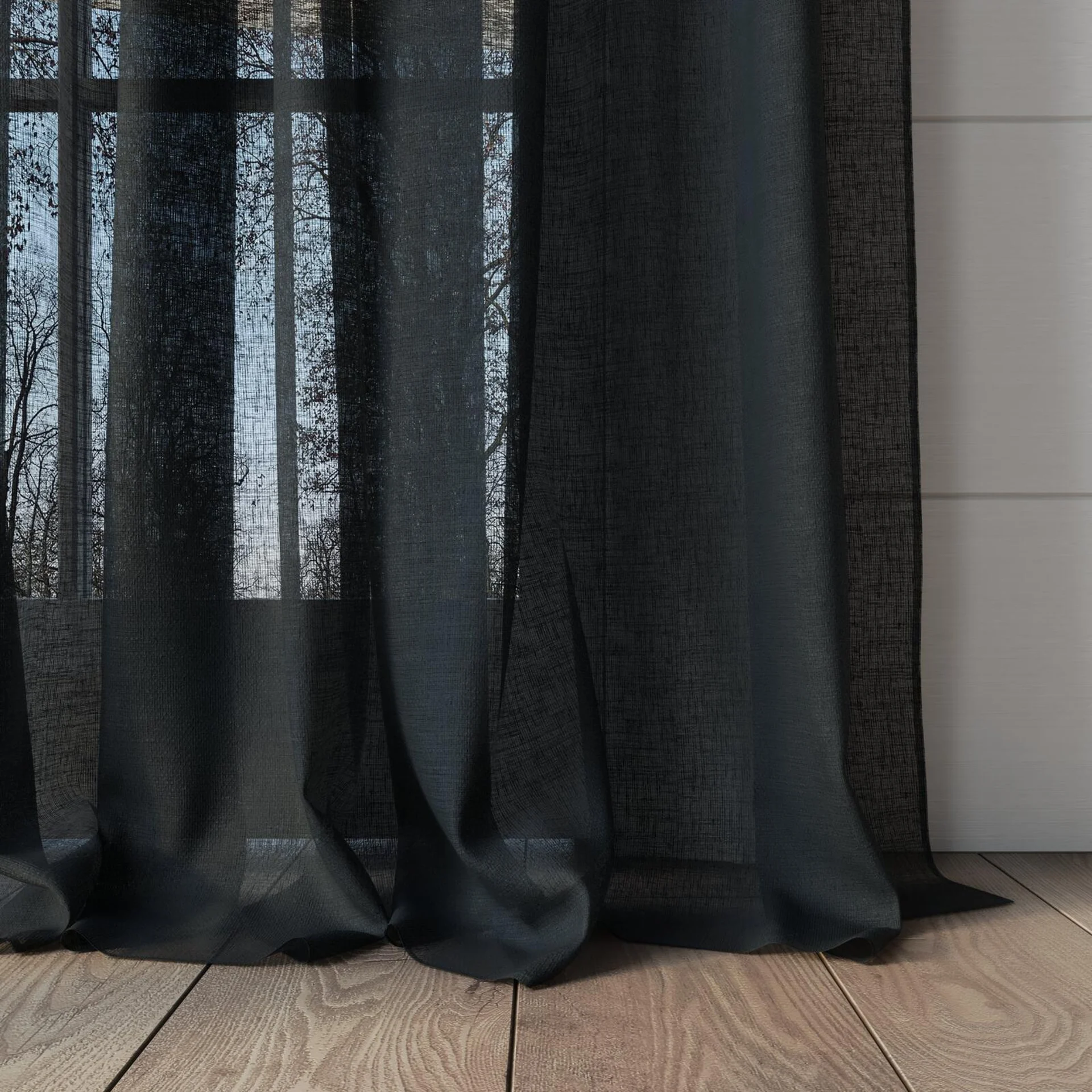 Bottom view of Elevate Slate, puddled, on curtain rod