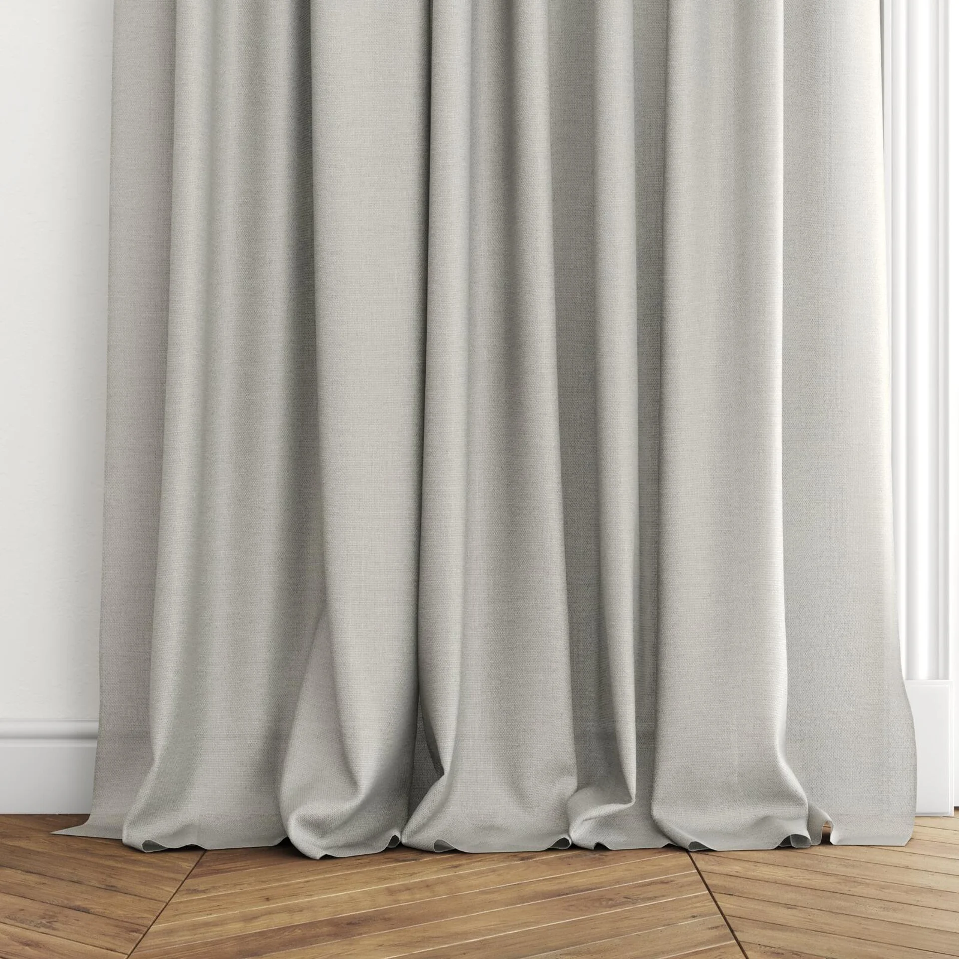 Bottom view of Gudea Pelican, puddled with pinch pleat, on curtain rod
