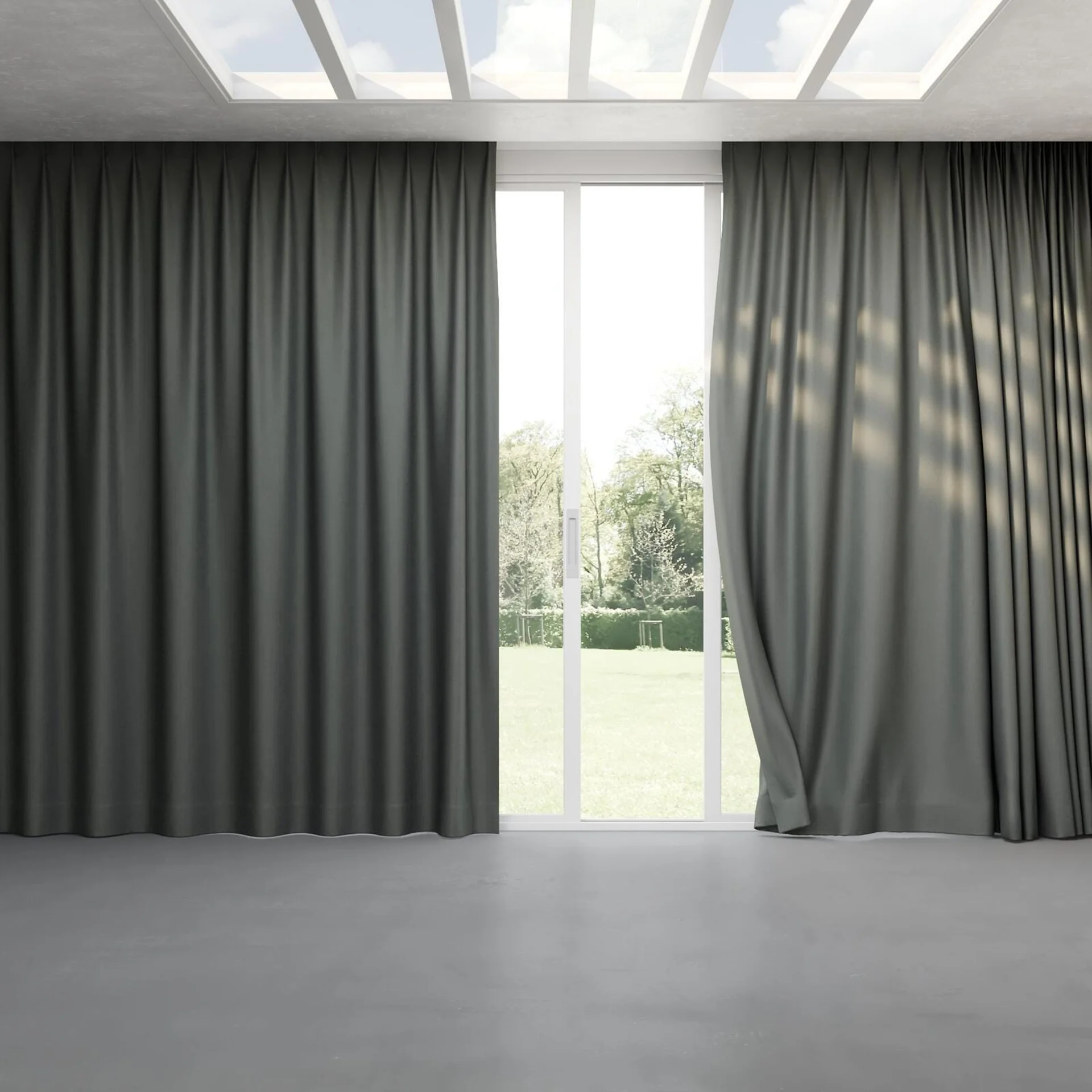 Full view of Retreat Blackout Charcoal, pinch pleat