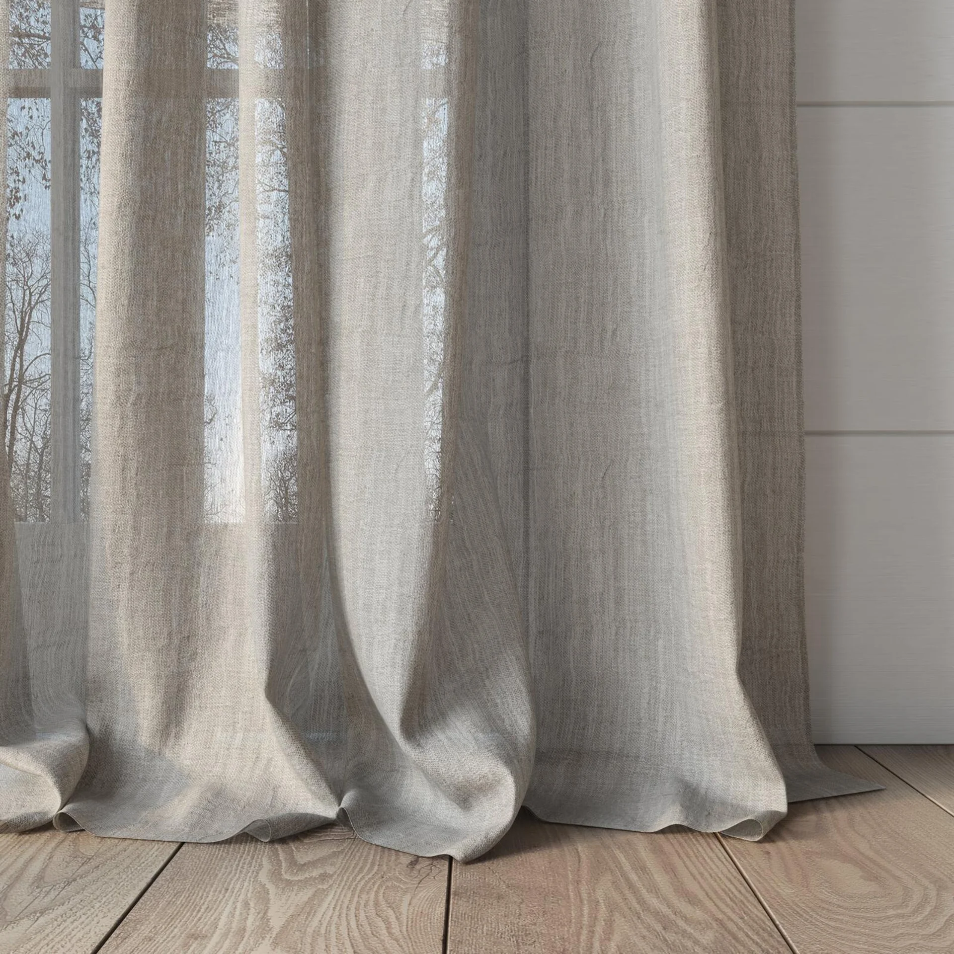 Bottom view of Illusion Linen, puddled, on curtain rod