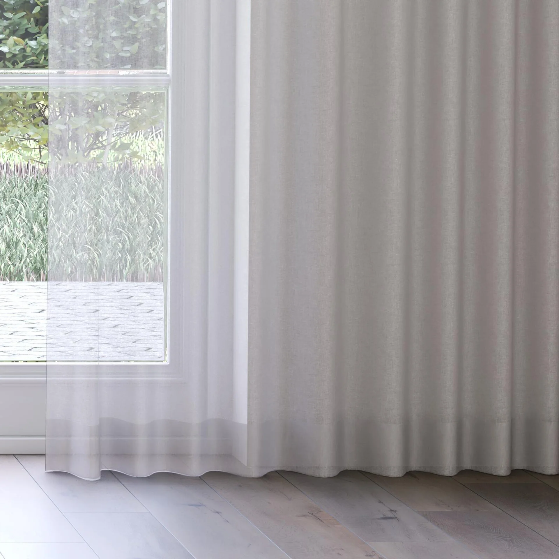 Bottom view of Kanji Dove Grey, on curtain rail