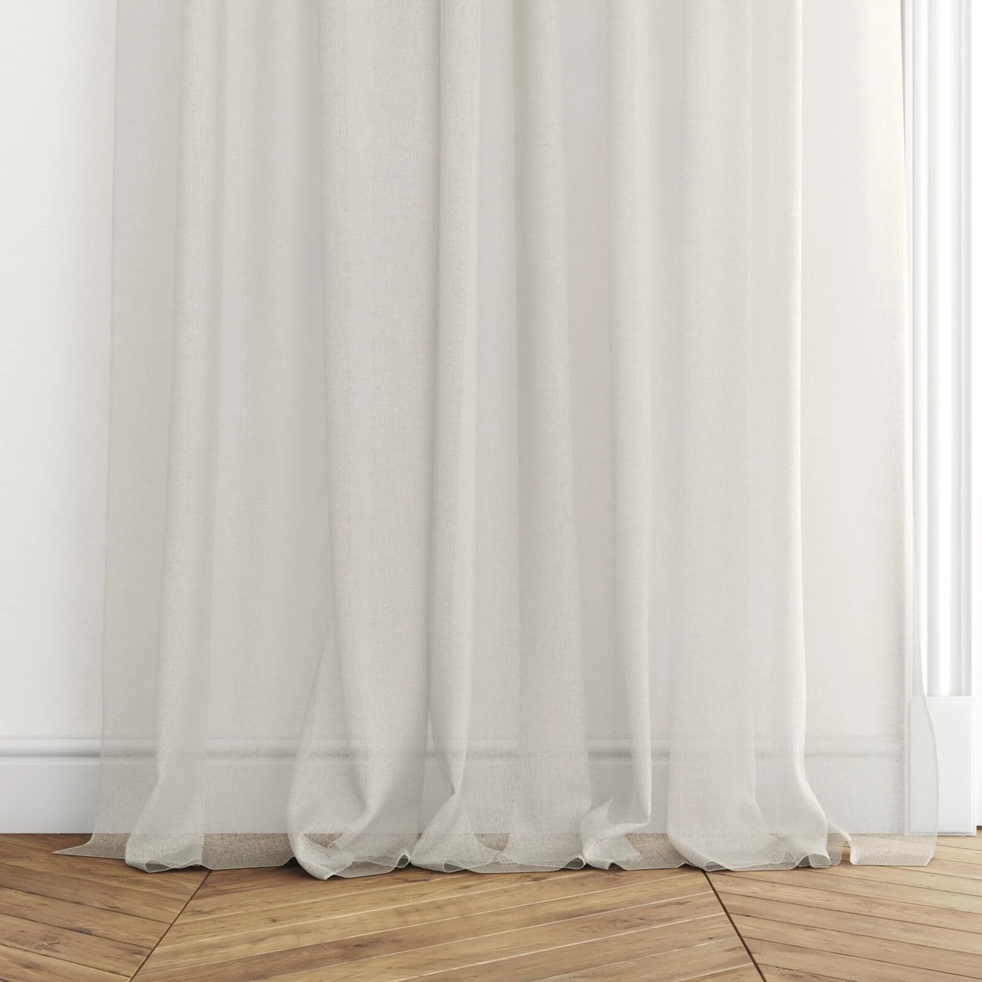 Bottom view of Realism Marzipan, puddled with pinch pleat, on curtain rod