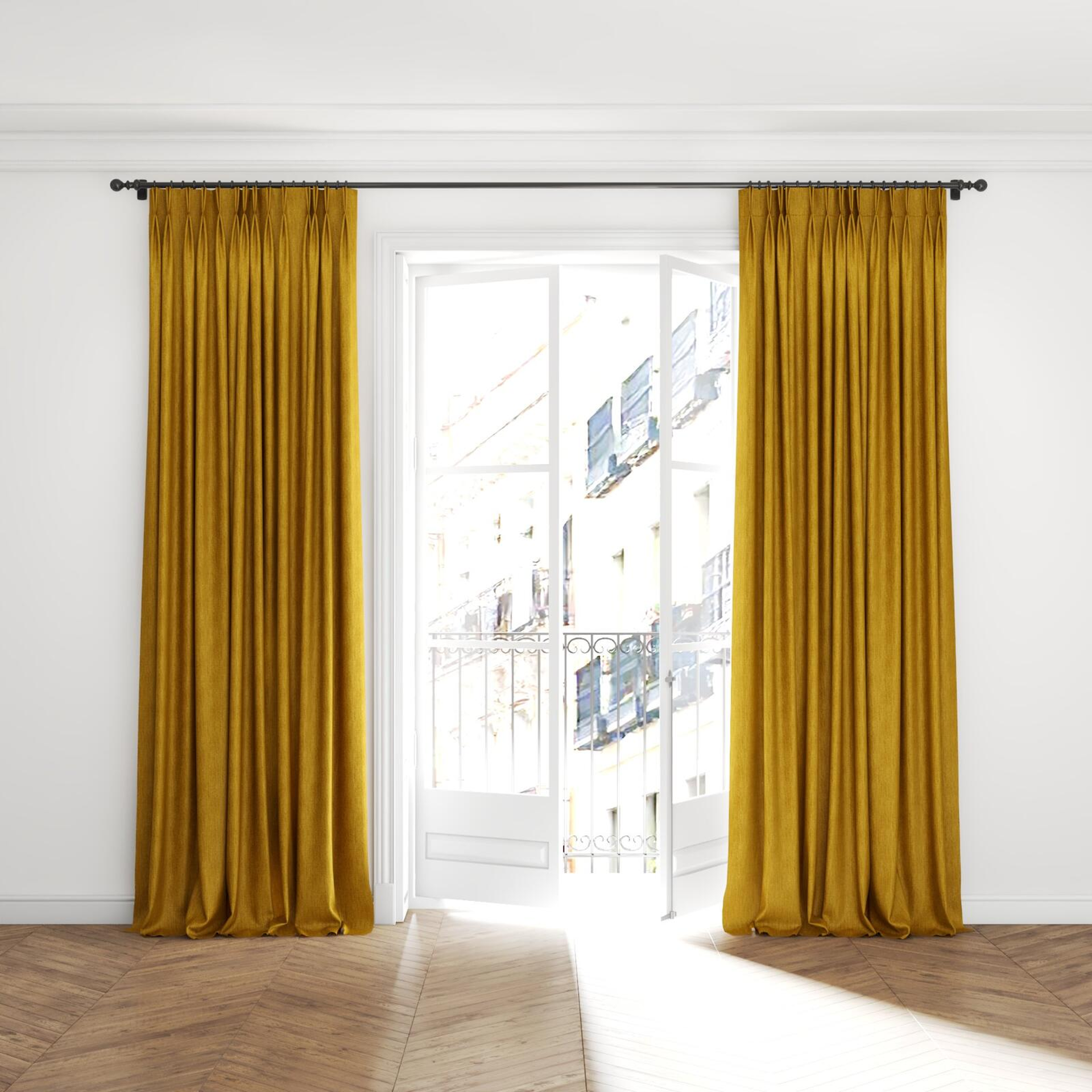 Full view of Trezor Chutney, puddled with pinch pleat, on curtain rod
