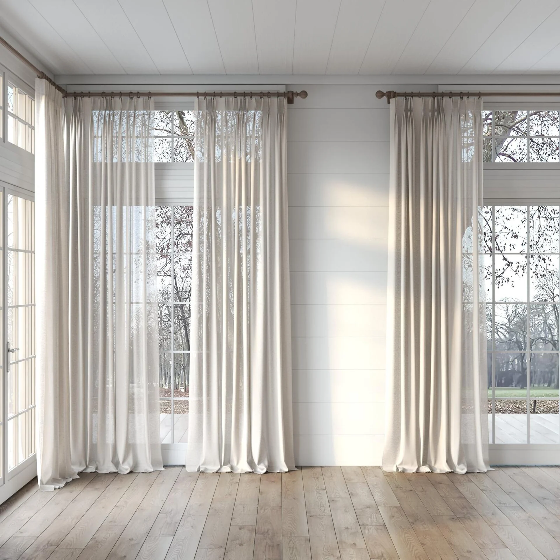 Full view of Shoji Dune 820, puddled, on curtain rod
