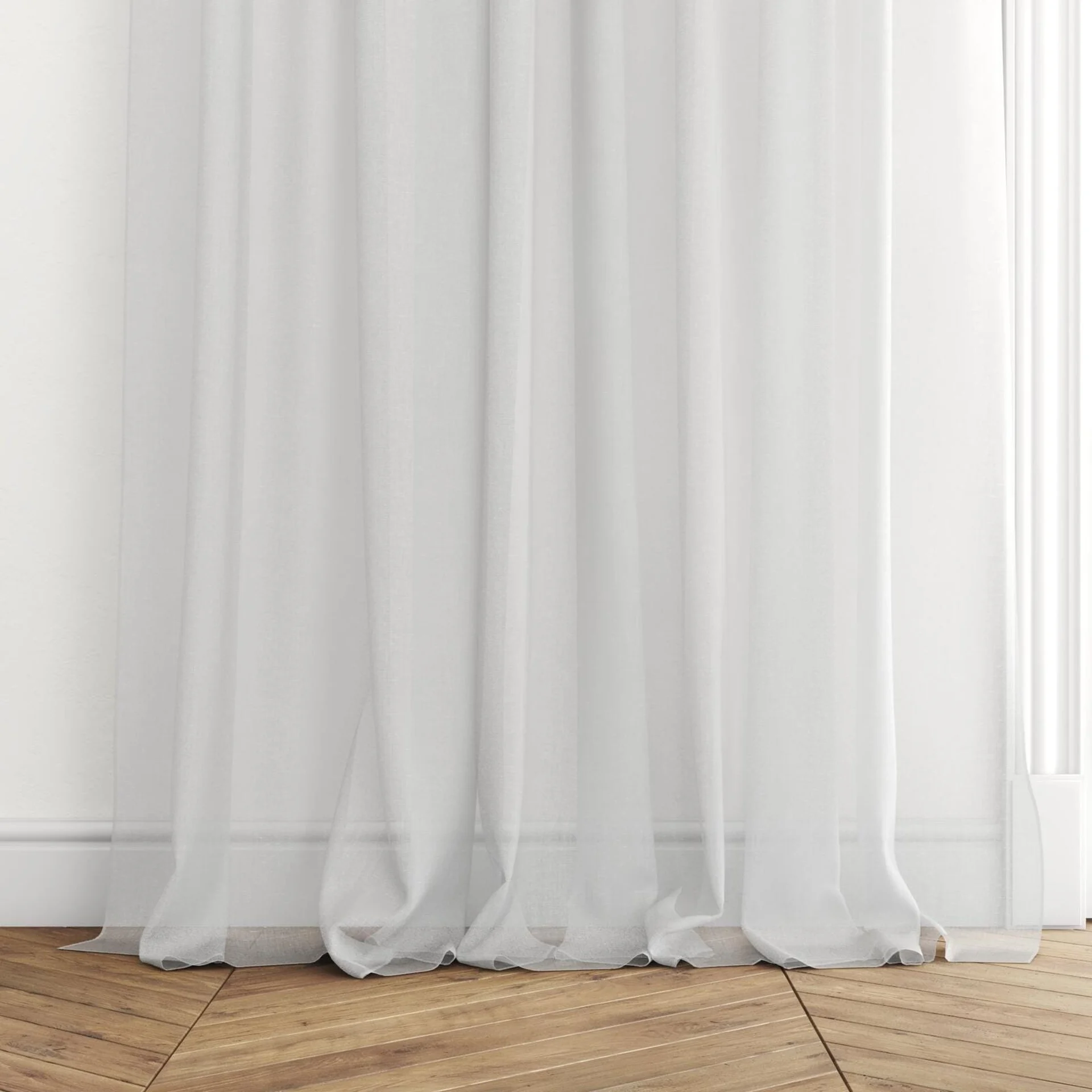 Bottom view of Distill Snow, puddled with pinch pleat, on curtain rod