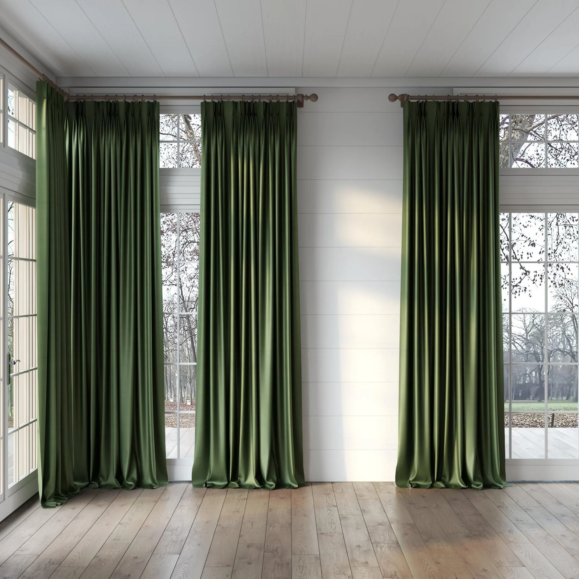 Full view of Warlock Olive, puddled, on curtain rod